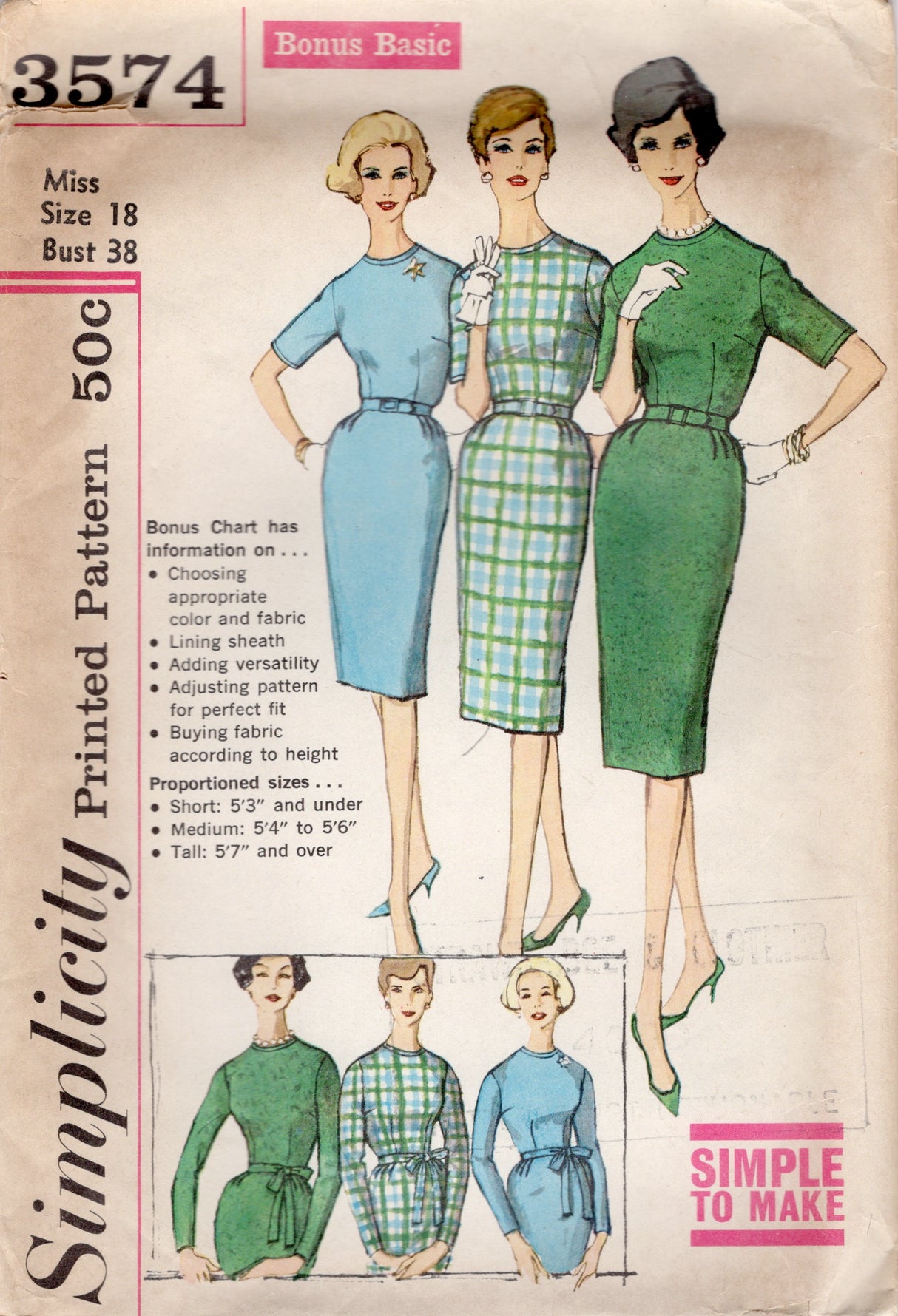 1960’s Simplicity Sheath One Piece Dress Pattern - Bust 38” - No. 3574