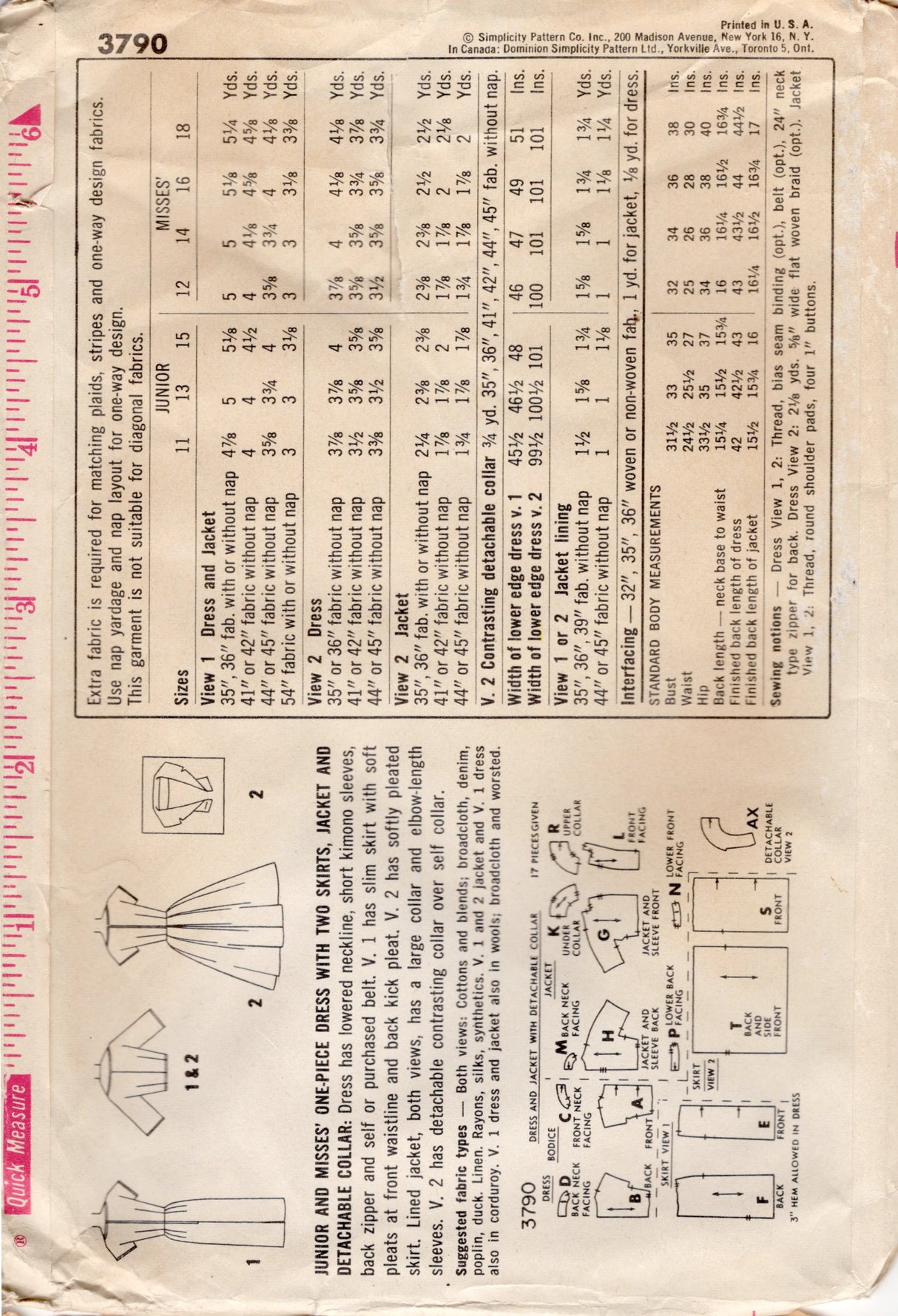 1960’s Simplicity Fit and Flare Dress Pattern with Double Breasted Bolero Jacket - Bust 34” - No. 3790