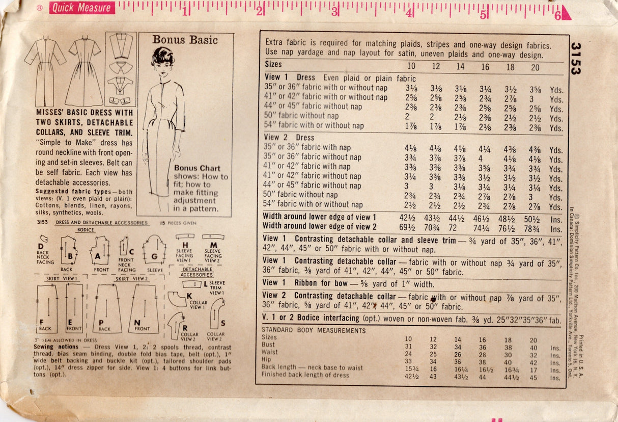 1950’s Simplicity Bonus Basic Dress Pattern with Detachable Collars an Sleeve Trim - Bust 34” - No. 3153