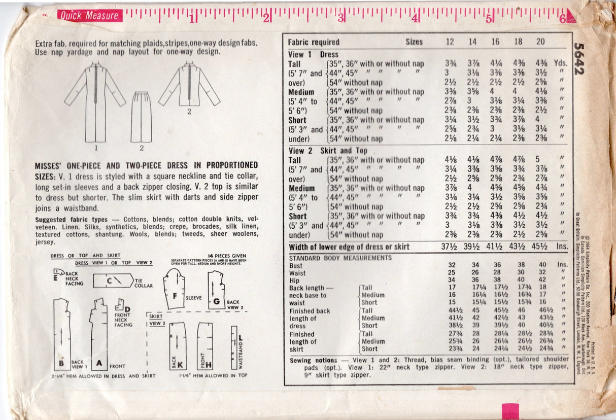 1960’s Simplicity Sheath One or Two Piece Dress - Bust 36” - No. 5642