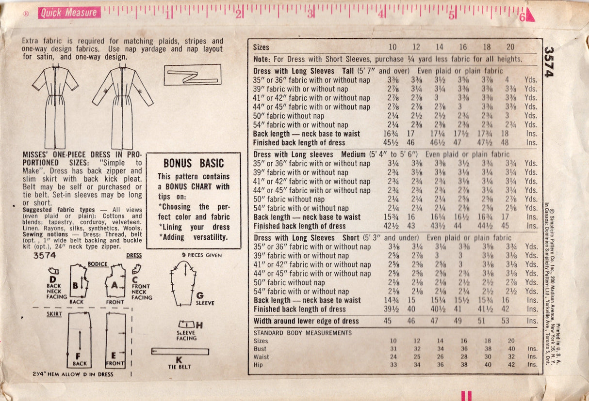 1960’s Simplicity Sheath One Piece Dress Pattern - Bust 38” - No. 3574