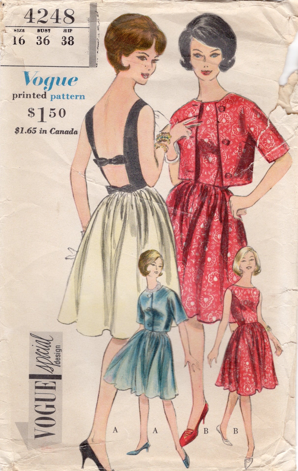 1960's Vogue Special Design One-Piece Dress with Cut Out Back and Bolero Jacket Pattern - Bust 36" - No. 4248
