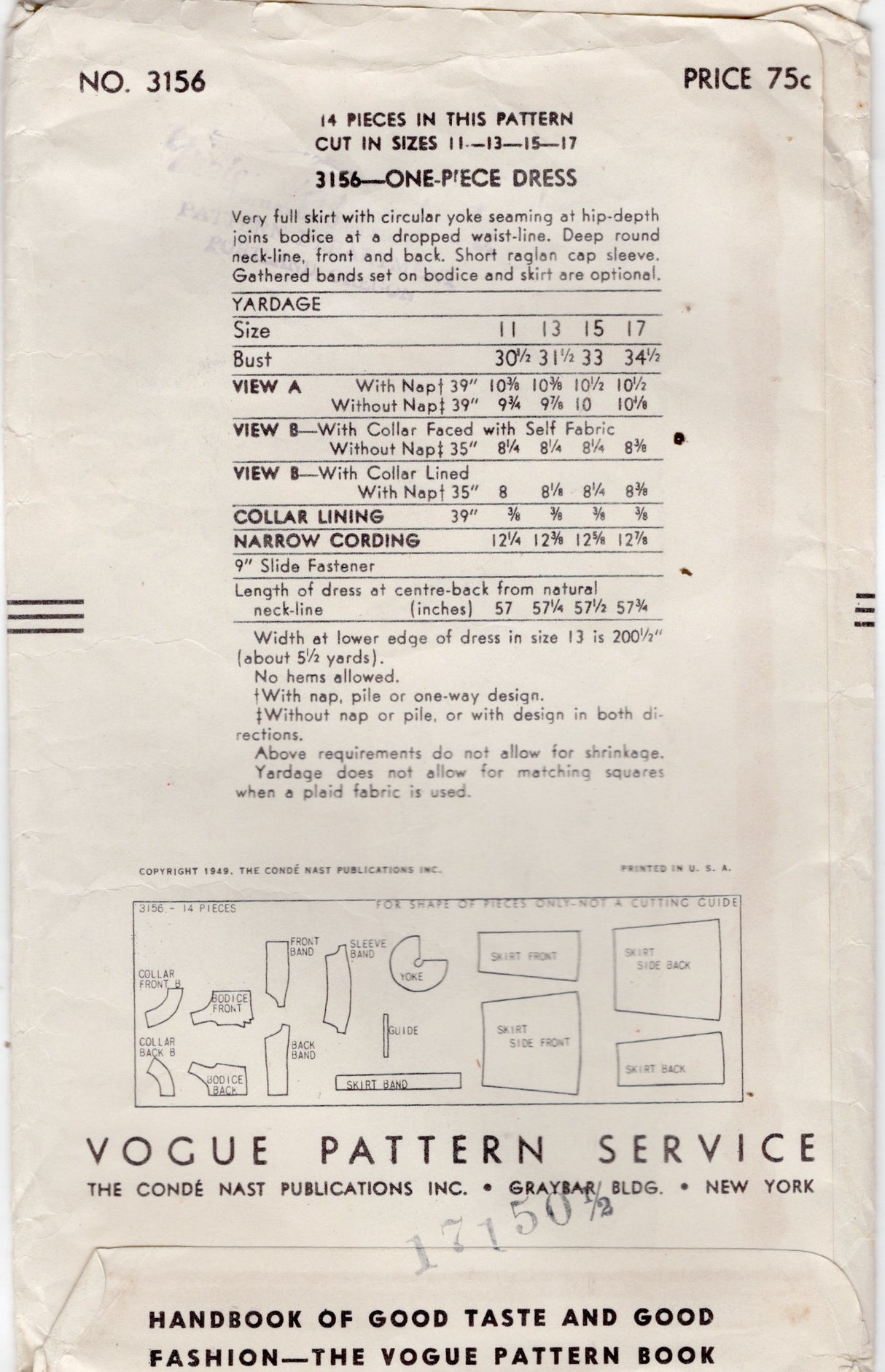 1940's Vogue Junior Evening Gown Pattern with Gathered Bodice or Large Collar - Bust 33" - No. 3156