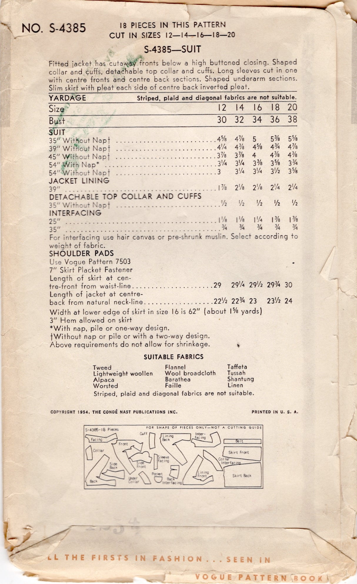 1950's Vogue Special Design Two Piece Suit Dress Pattern - Bust 32" - No. S-4385