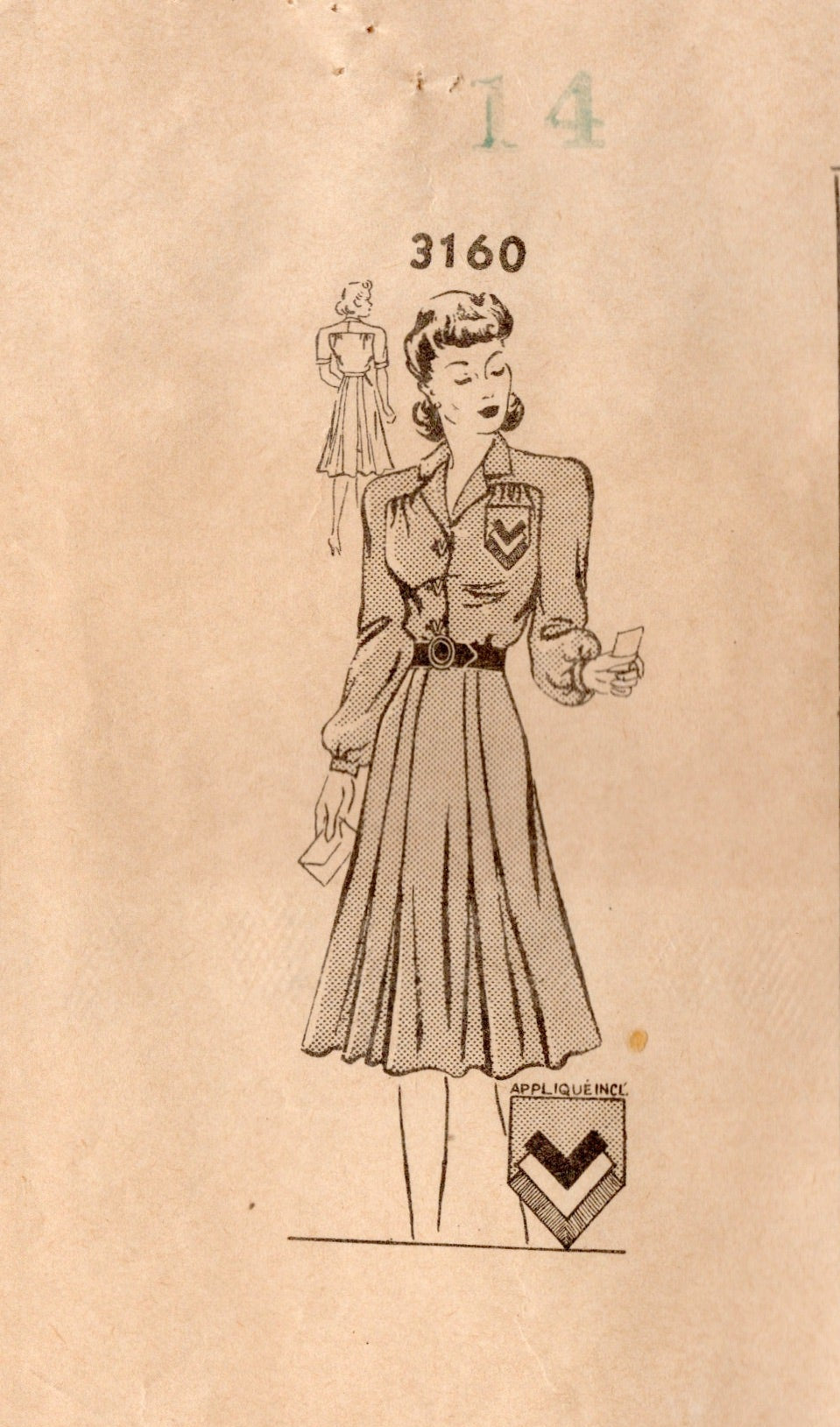1940's Mail Order Shirtwaist Dress Pattern with Pocket and Applique - Bust 32" - No. 3160
