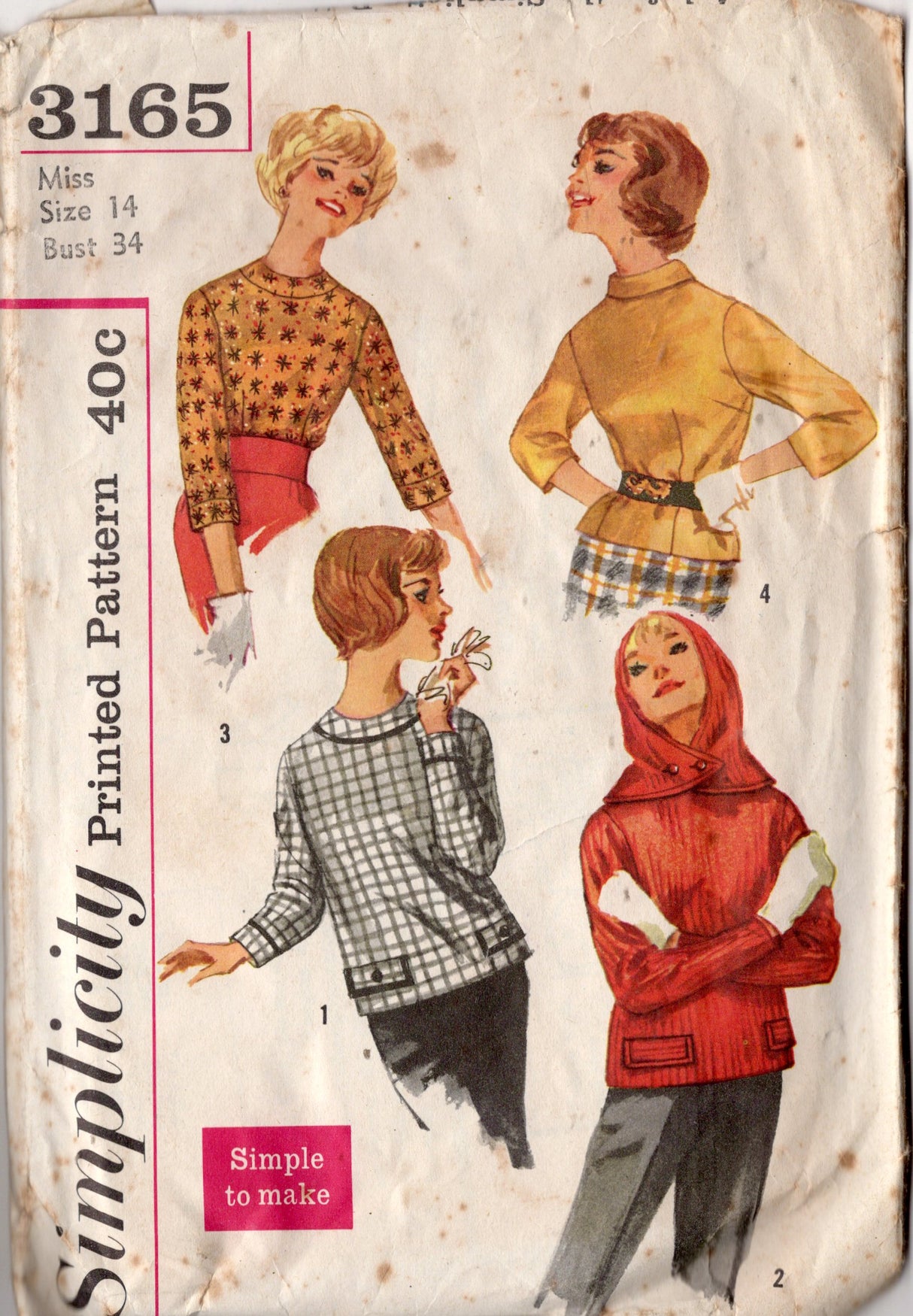 1960's Simplicity Pullover Blouse with Button Hood pattern - Bust 34" - No. 3165