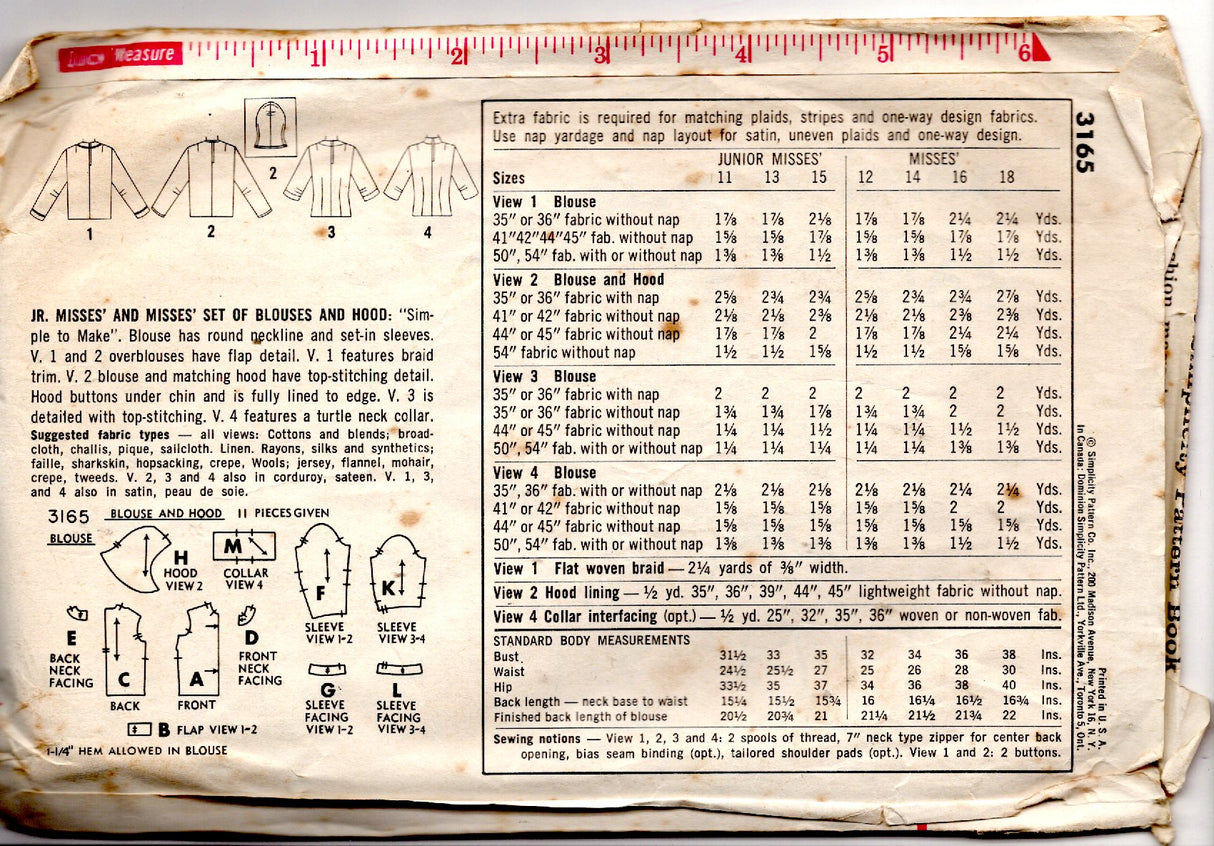 1960's Simplicity Pullover Blouse with Button Hood pattern - Bust 34" - No. 3165