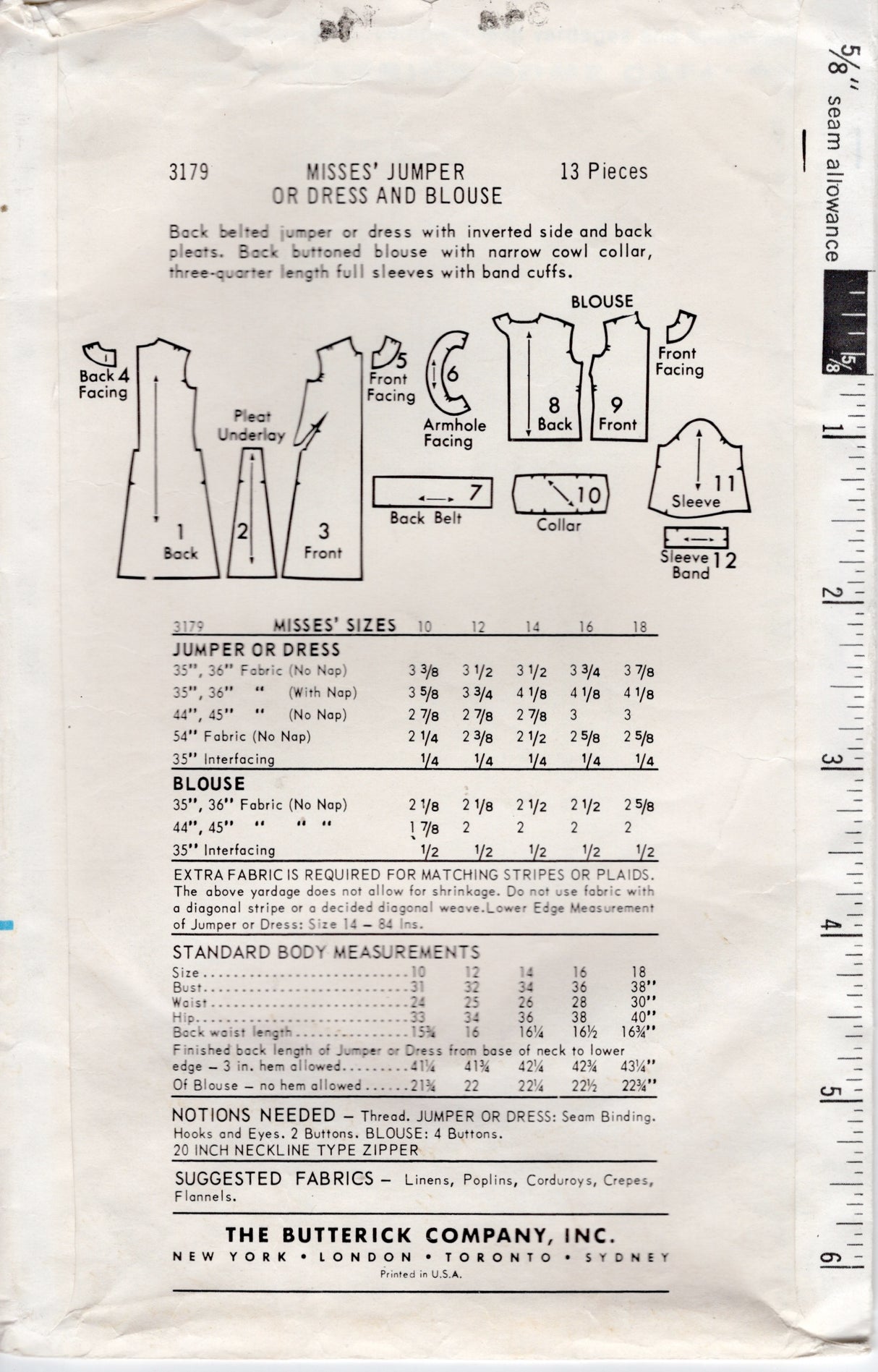 1960’s Butterick Sheath Jumper Dress and Blouse Pattern - Bust 34" - No. 3179