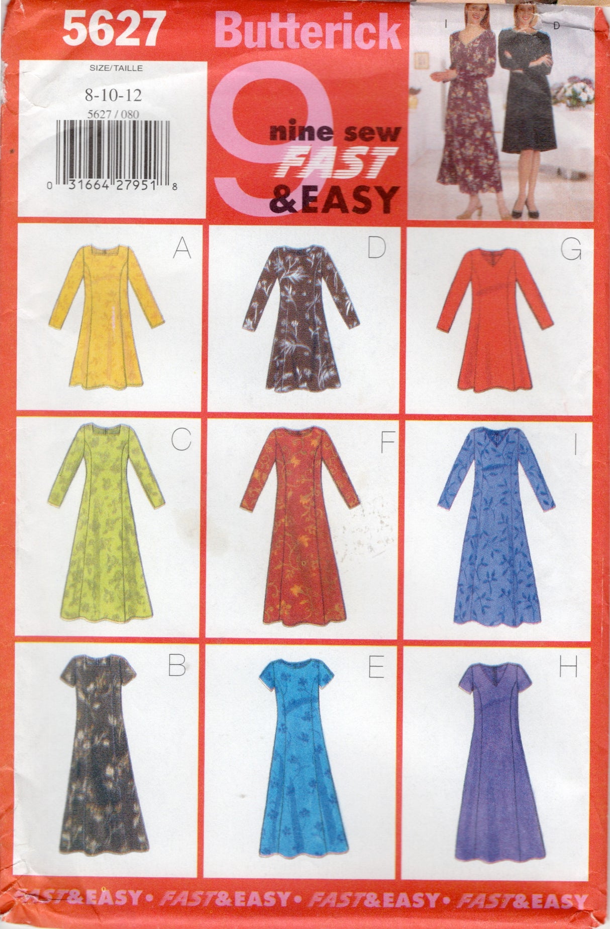 1990's Butterick Princess line Dress Pattern in 9 Styles - Bust 31.5-34" - No. 5627