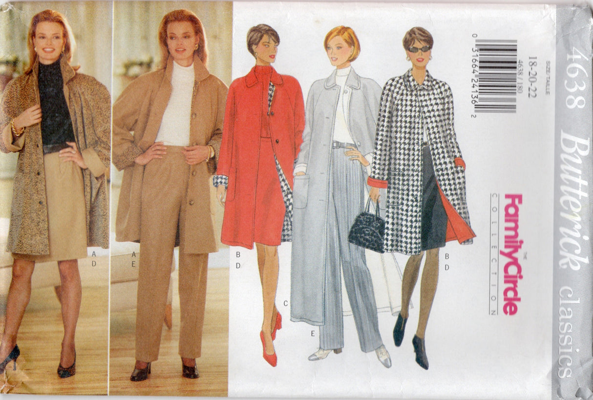 1990's Butterick Raglan Coat, Straight Leg Pants, and Skirt Pattern - Bust 40-44" - No. 4638