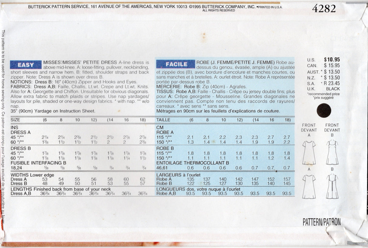 1990's Butterick A-line Dress and Slip Dress Pattern - Bust 30.5-34" - No. 4282