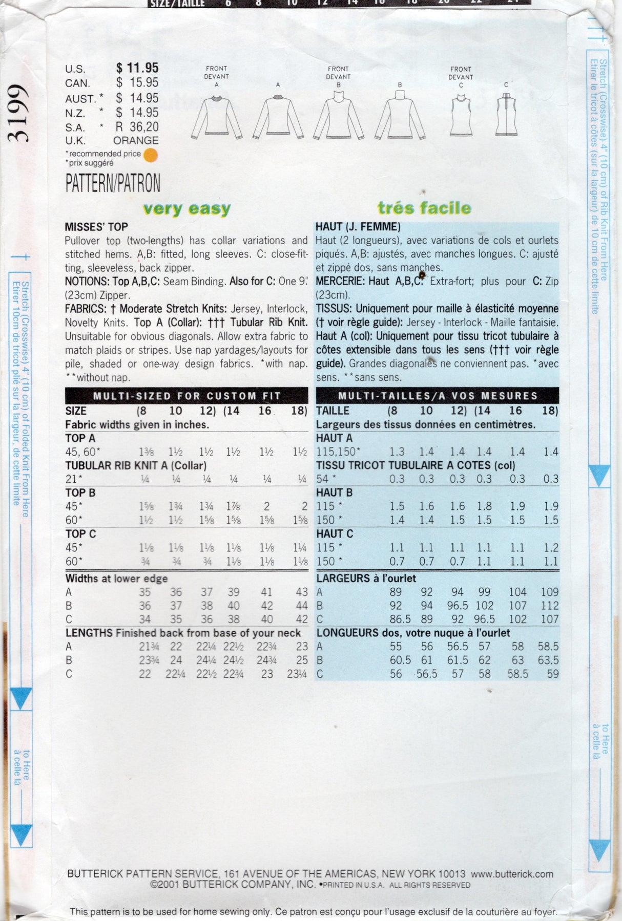 2000's Butterick Turtleneck Top Pattern - Bust 31.5-34" - No. 3199