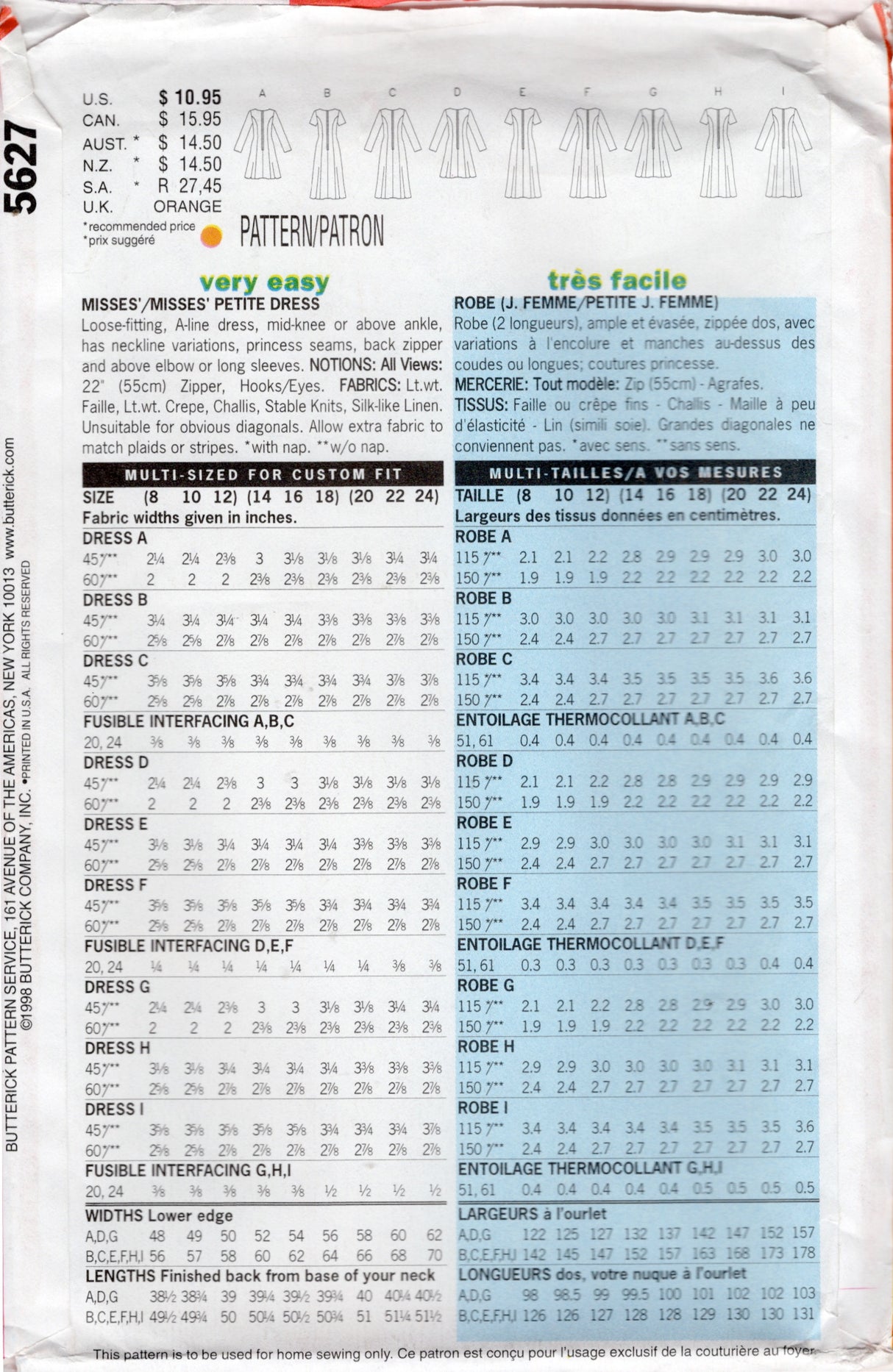 1990's Butterick Princess line Dress Pattern in 9 Styles - Bust 31.5-34" - No. 5627