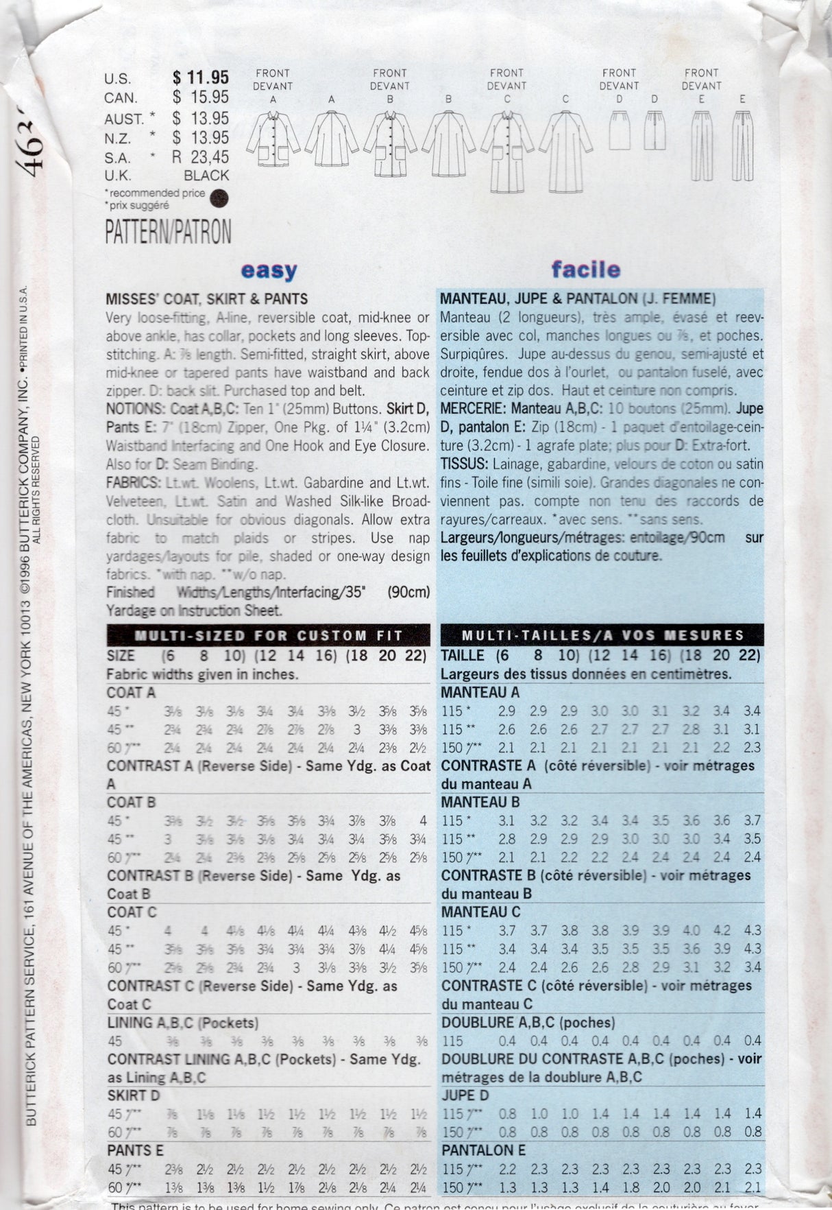 1990's Butterick Raglan Coat, Straight Leg Pants, and Skirt Pattern - Bust 40-44" - No. 4638