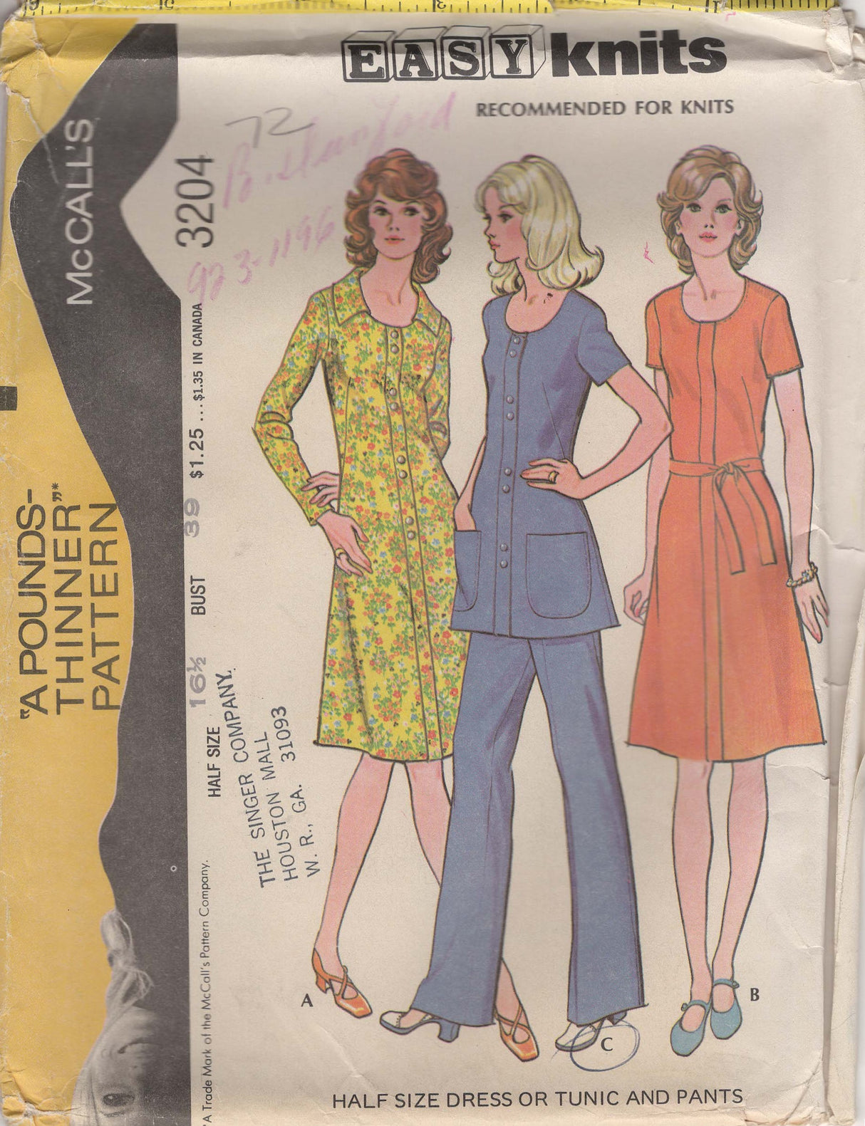 1970's McCall's Scoop Neck Dress or Tunic and Pants Pattern - Bust 39" - No. 3204