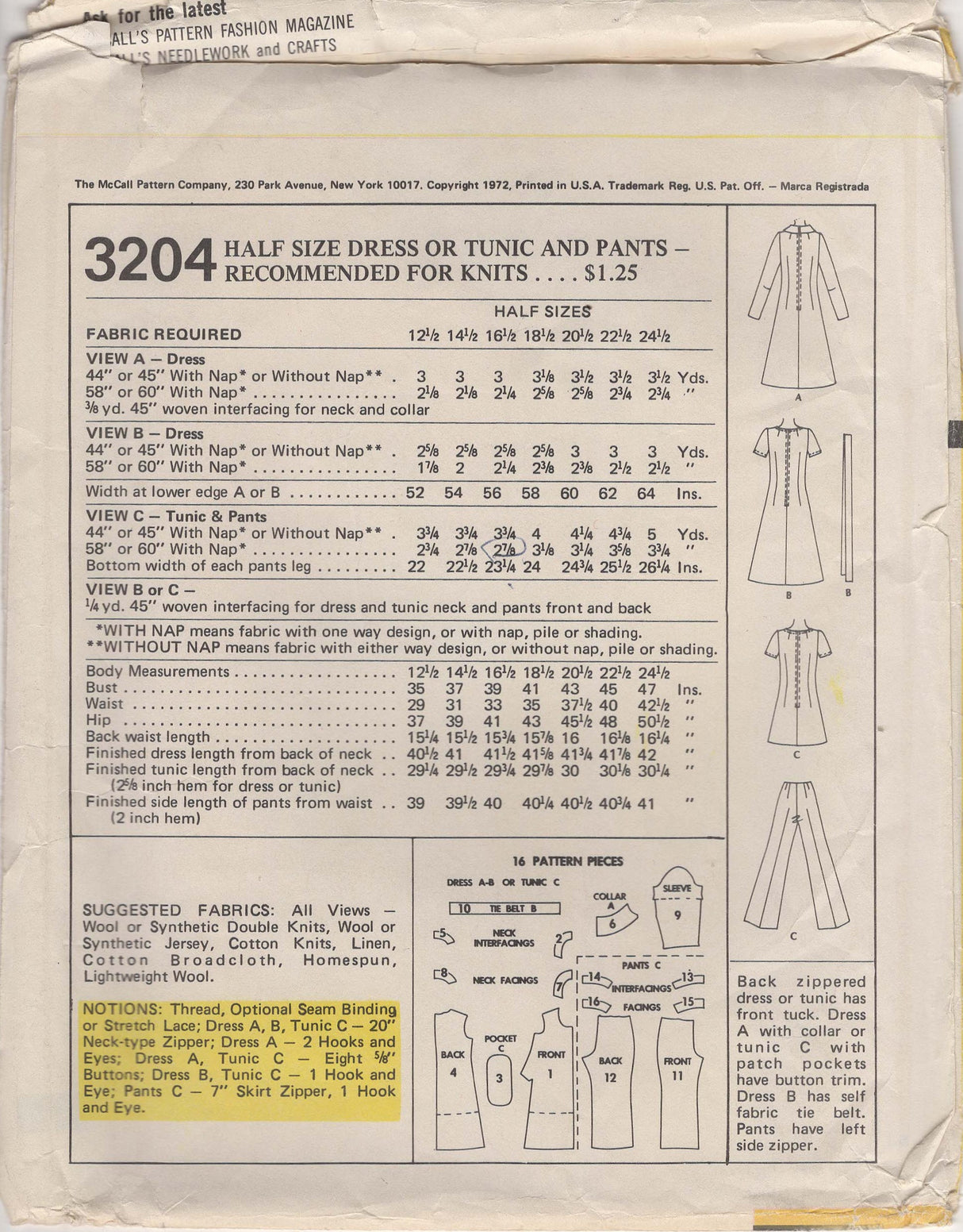 1970's McCall's Scoop Neck Dress or Tunic and Pants Pattern - Bust 39" - No. 3204