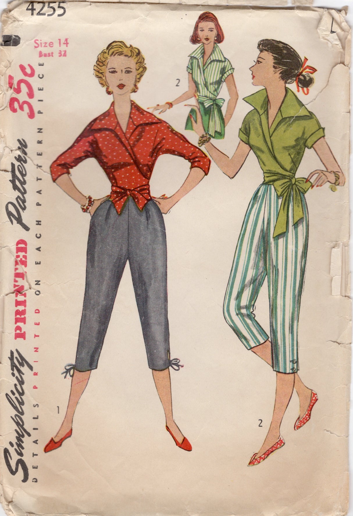 1950's Simplicity Wrap Top and Pedal Pushers Pattern - Bust 32" - No. 4255
