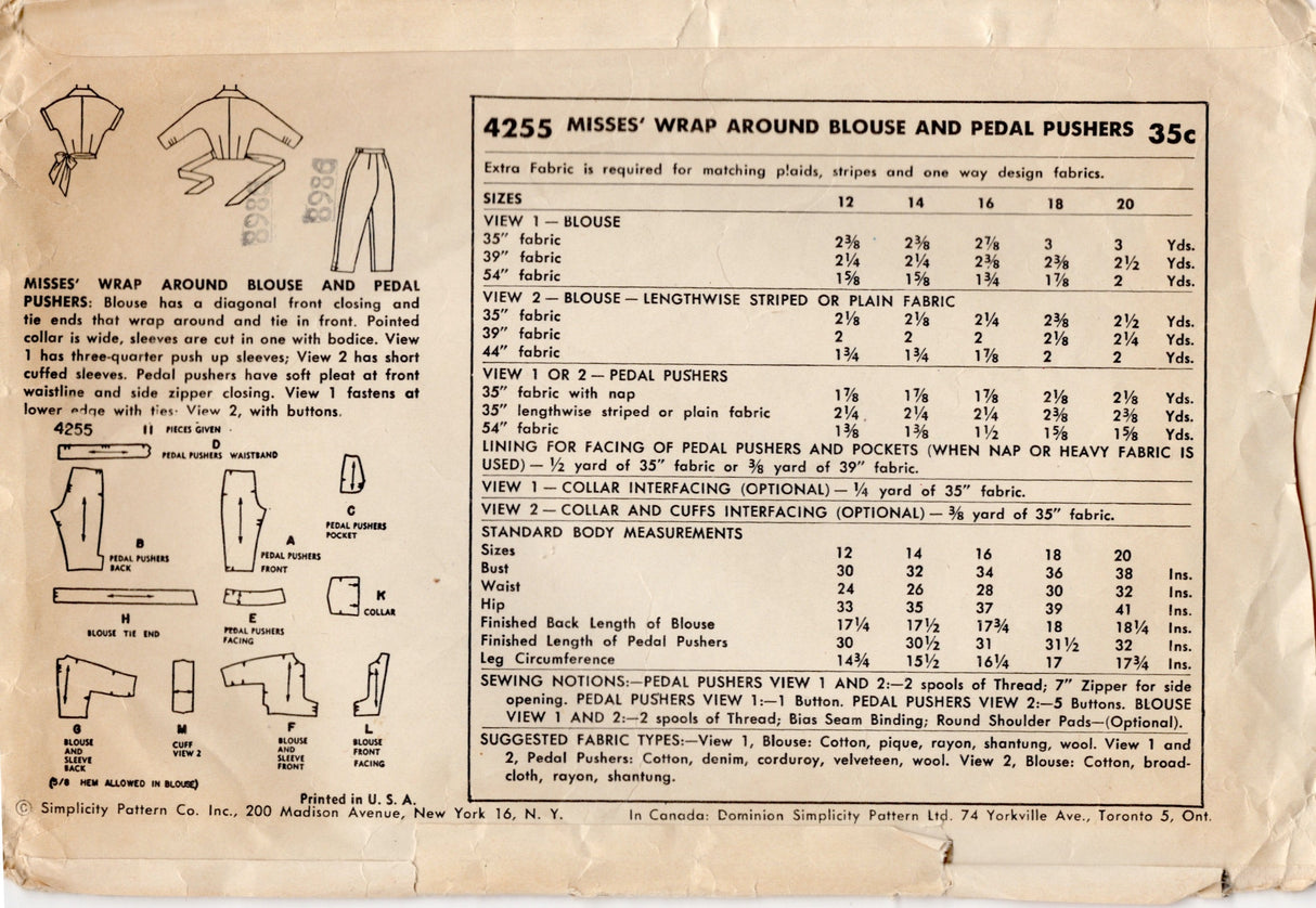 1950's Simplicity Wrap Top and Pedal Pushers Pattern - Bust 32" - No. 4255