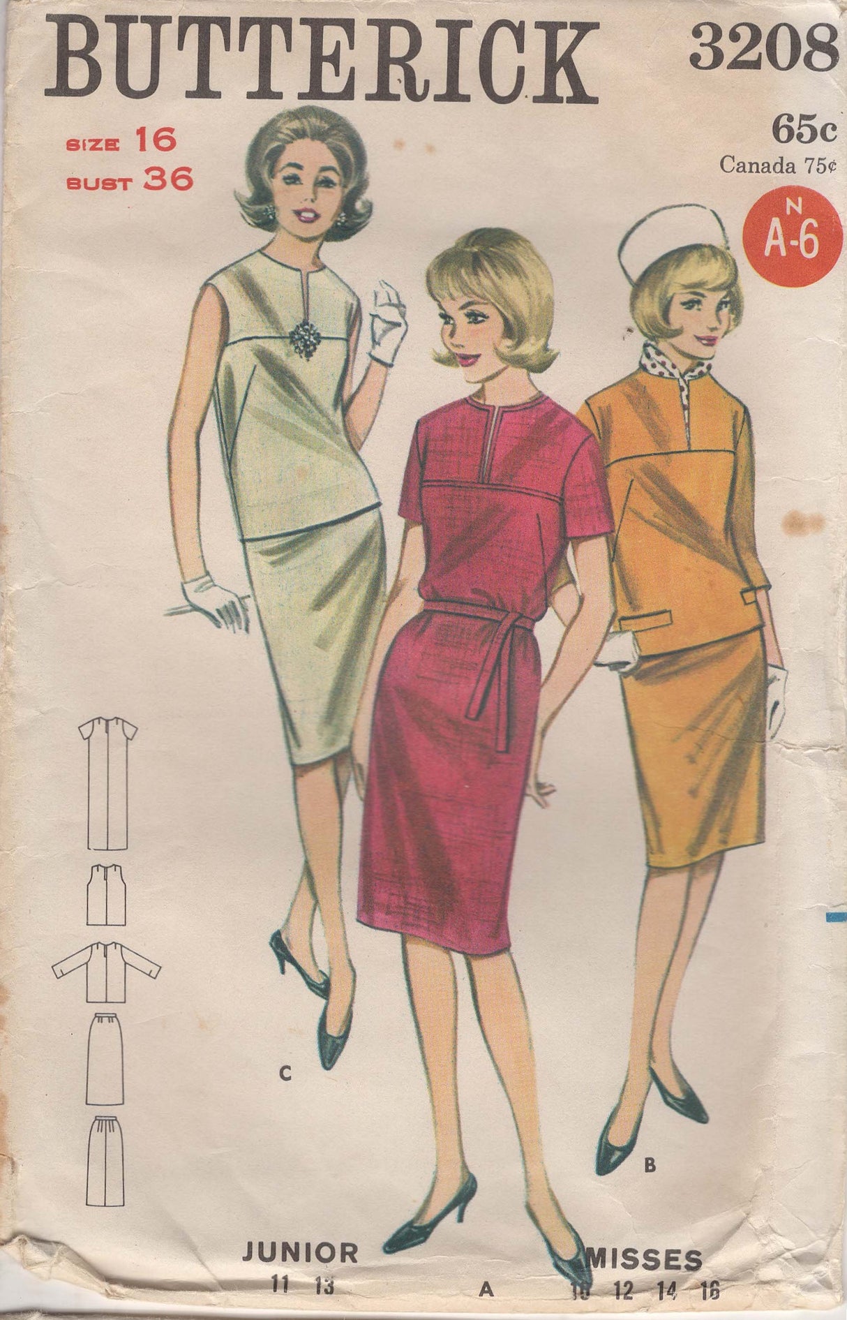 1960's Butterick One or Two Piece Dress Pattern - Bust 36" - No. 3208