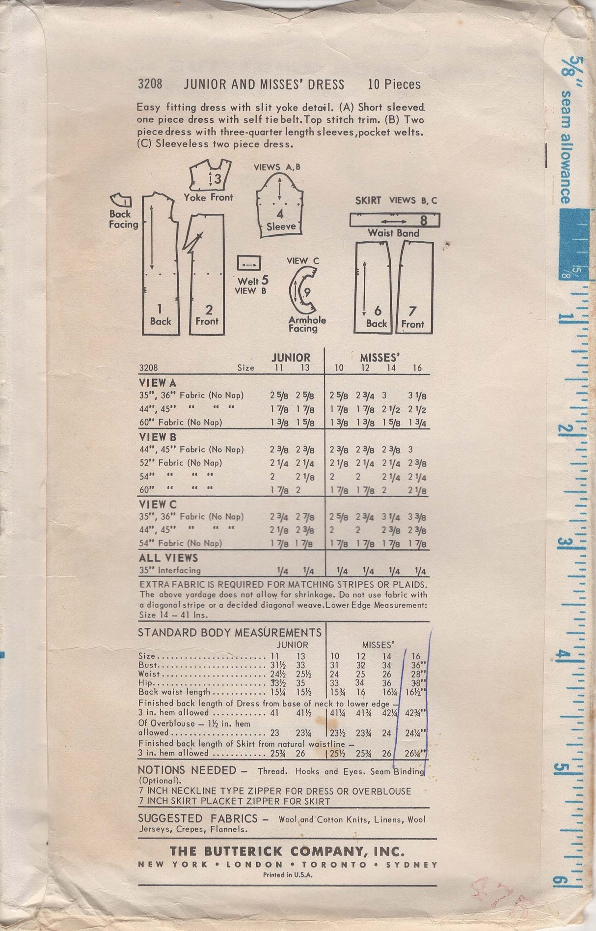 1960's Butterick One or Two Piece Dress Pattern - Bust 36" - No. 3208
