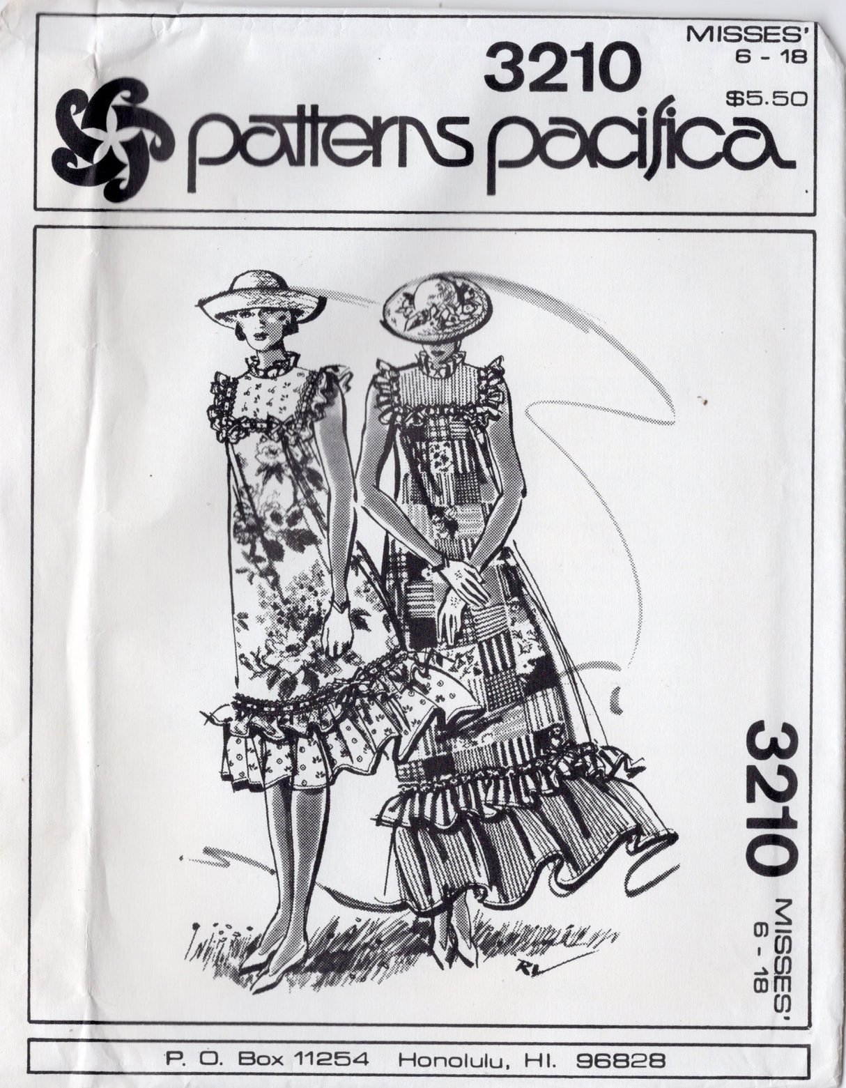 1980's Patterns Pacifica Maxi or Midi Dress with Large Yoke and Ruffle Pattern - Bust 30.5-40" - No. 3210