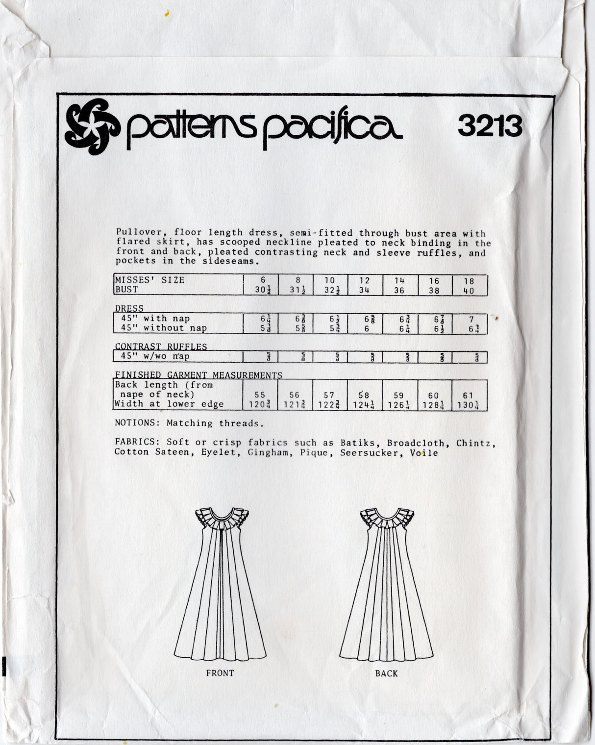 1980's Patterns Pacifica MuuMuu Dress with Pleated Collar Pattern - Bust 30.5-40" - No. 3213