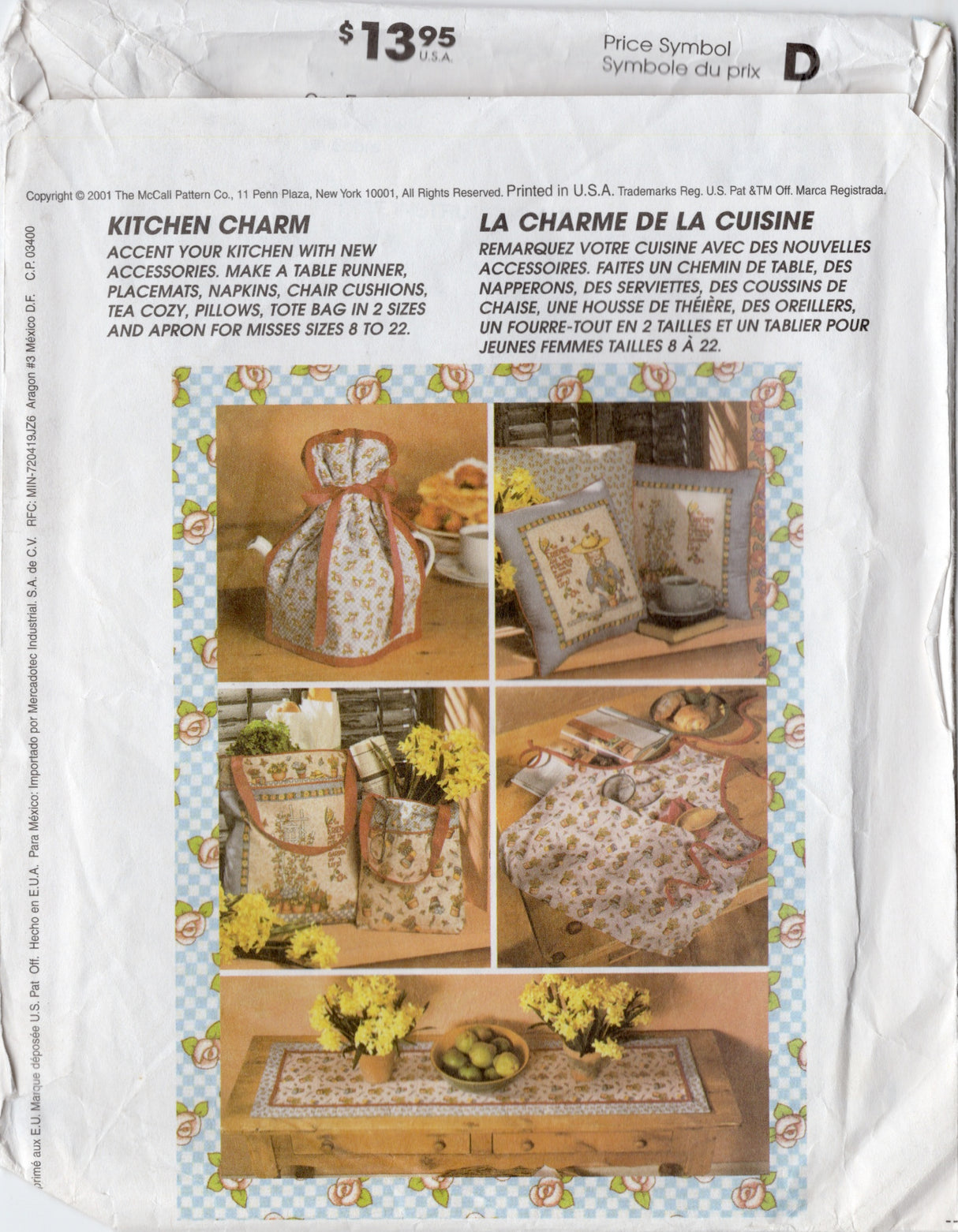 2000’s McCall’s Crafts Kitchen Decor Pattern, Apron, Placemats, Chair Cushions, Table Runner, Pillows - Mary Engelbreit - No. 3214