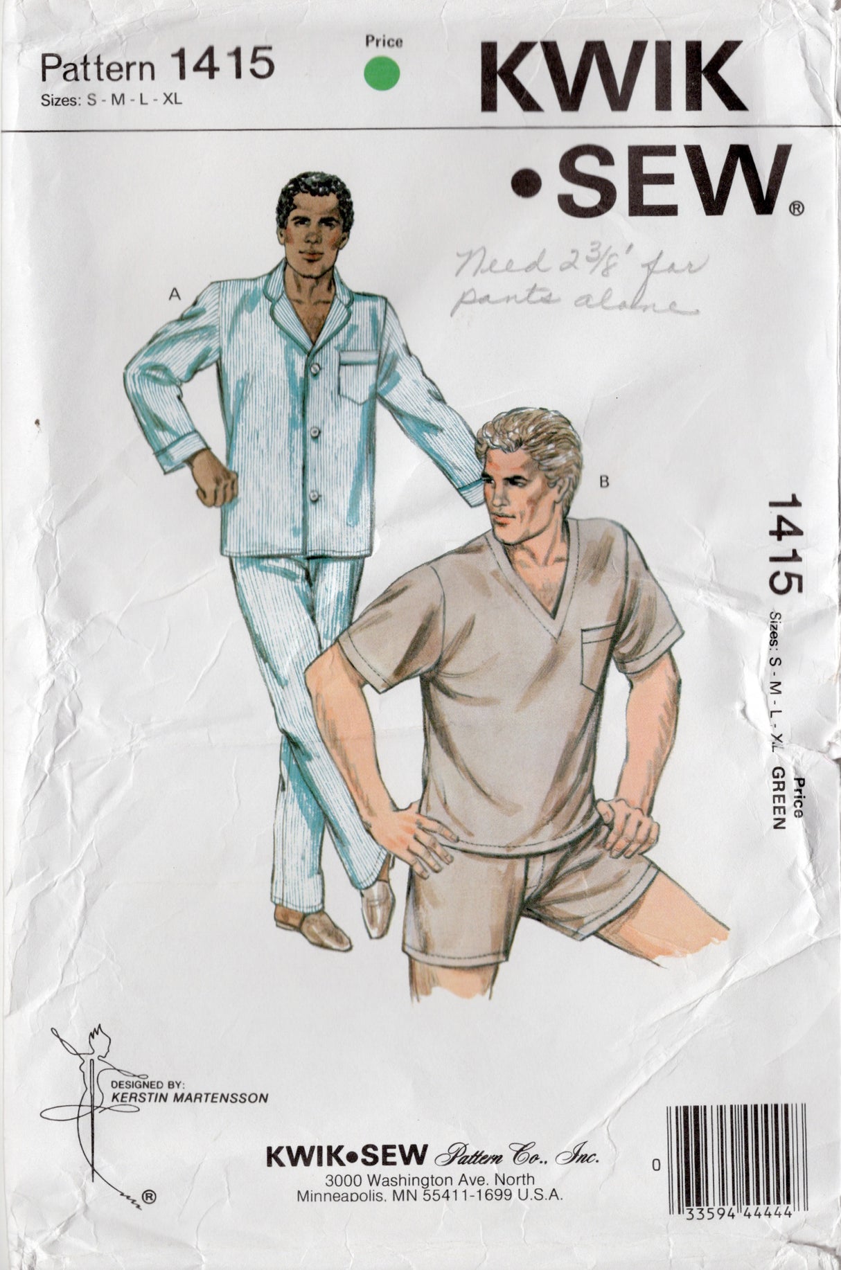 1980's Kwik Sew Men's Two Piece Pajamas pattern - Chest 34-48" - No. 1415