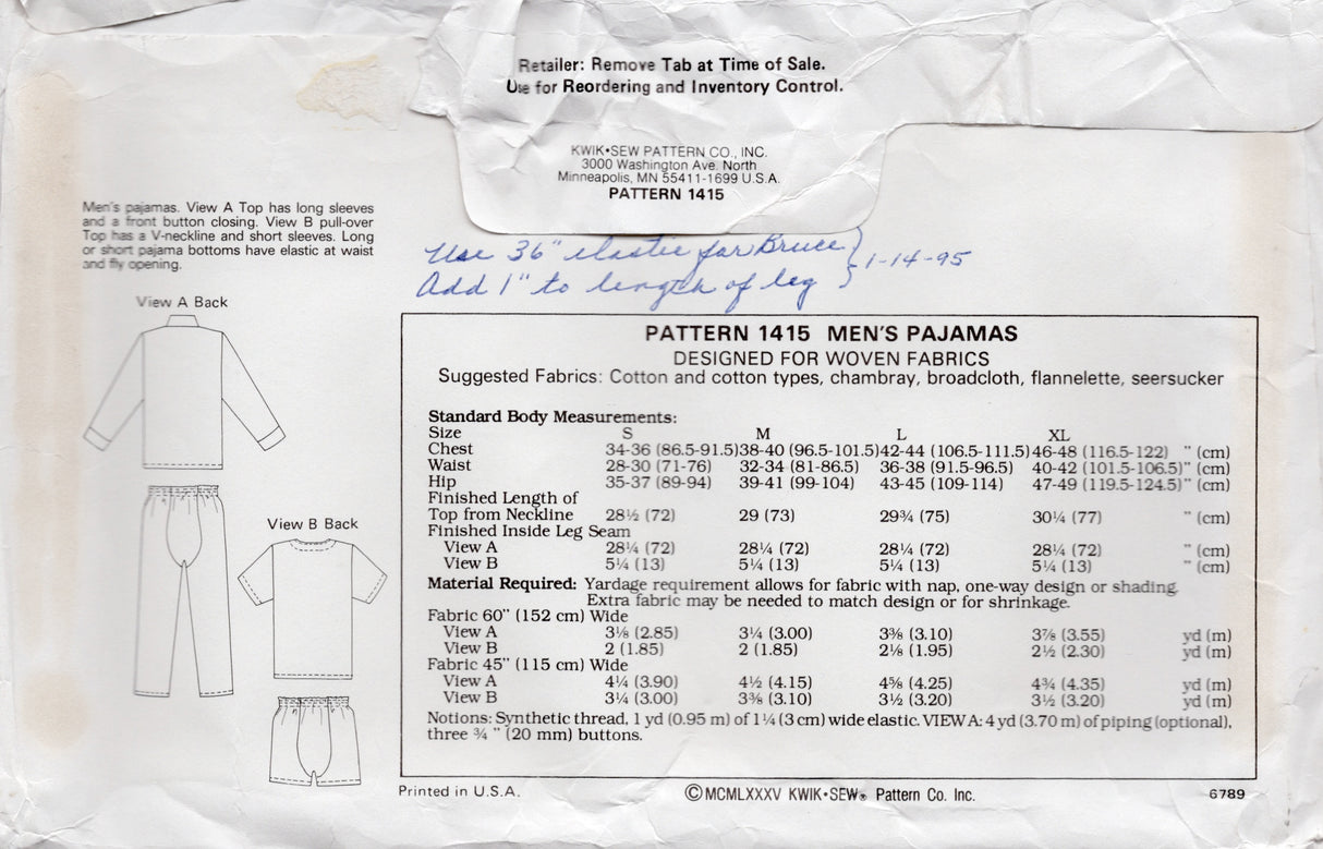1980's Kwik Sew Men's Two Piece Pajamas pattern - Chest 34-48" - No. 1415