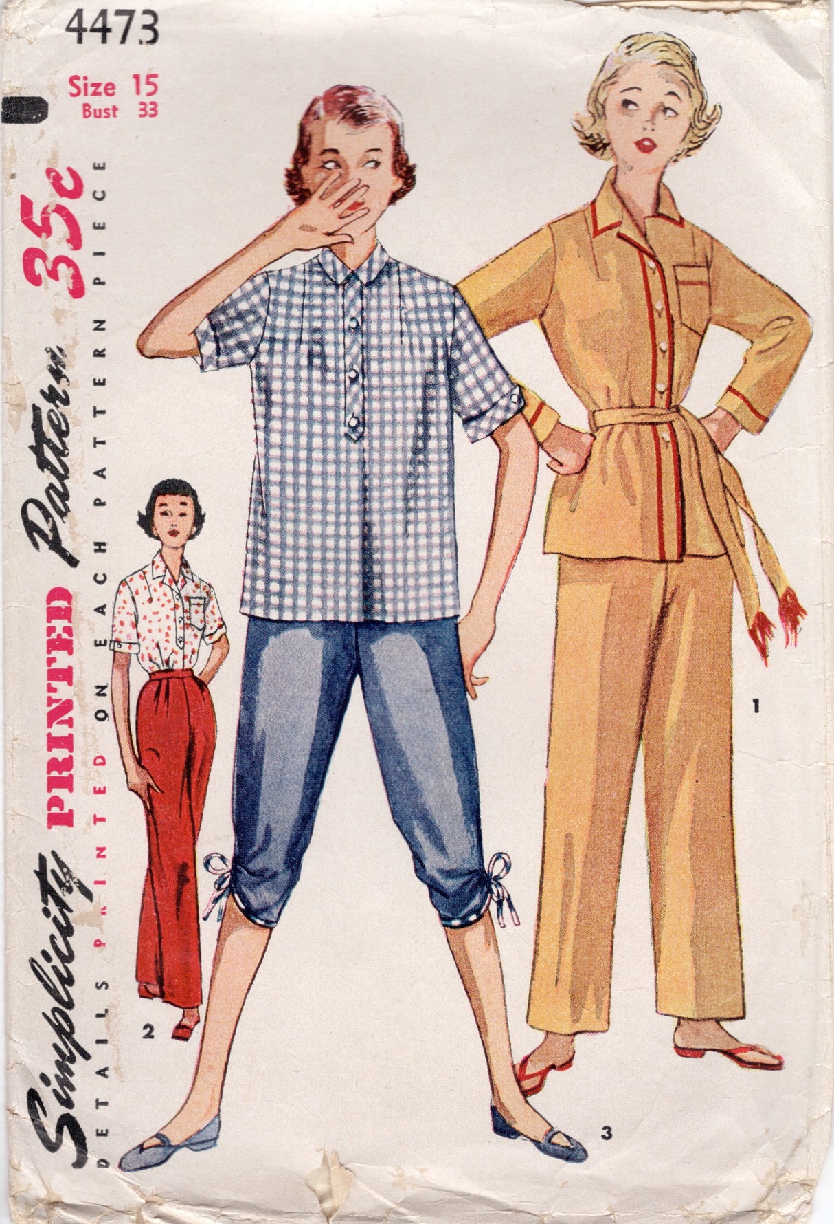 1950's Simplicity Two Piece Pajamas Pattern in Three Styles - Bust 33" - No. 4473