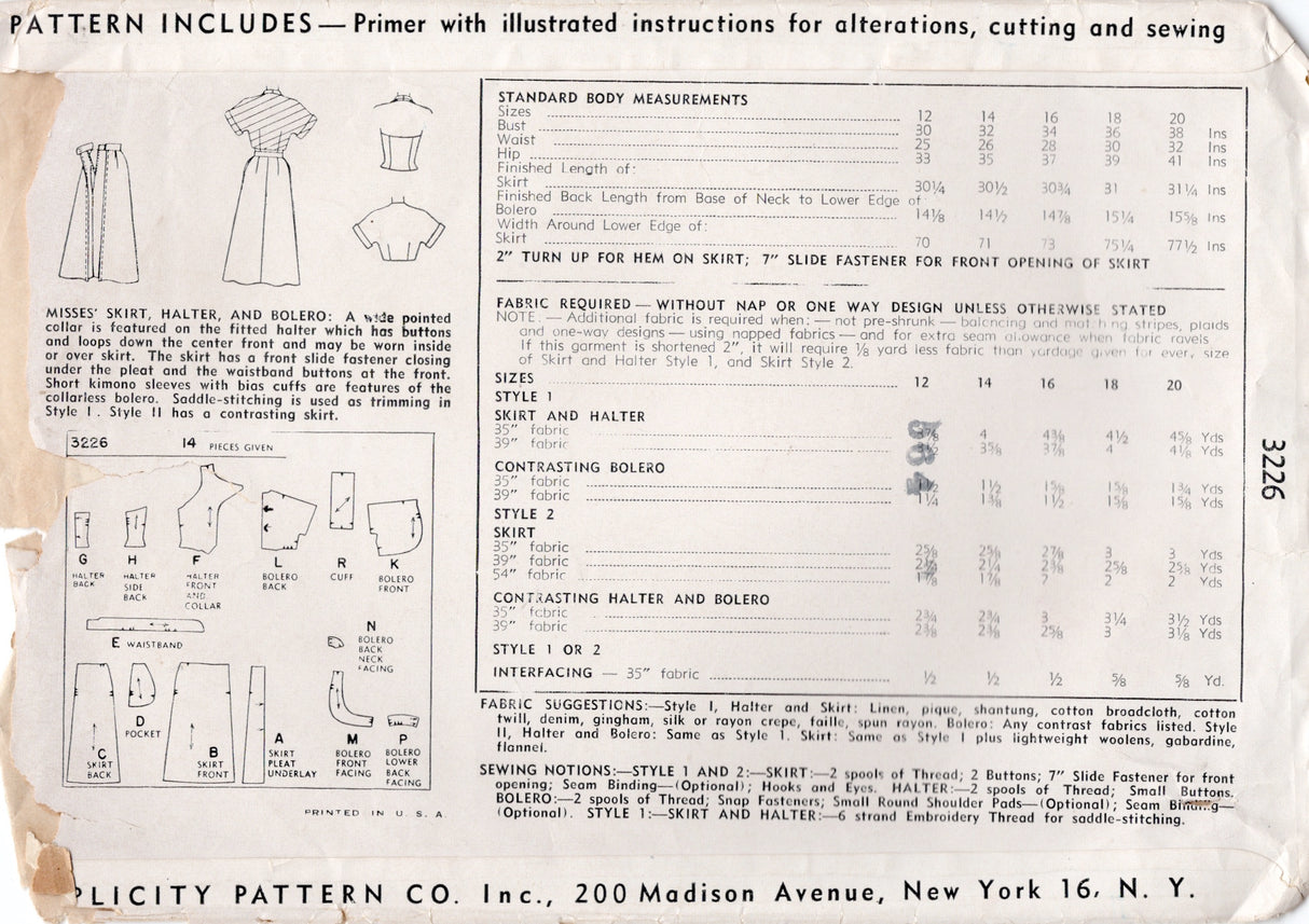 1950's Simplicity Skirt, Halter Top with Large Collar and Bolero Pattern - Bust 32" - No. 3226