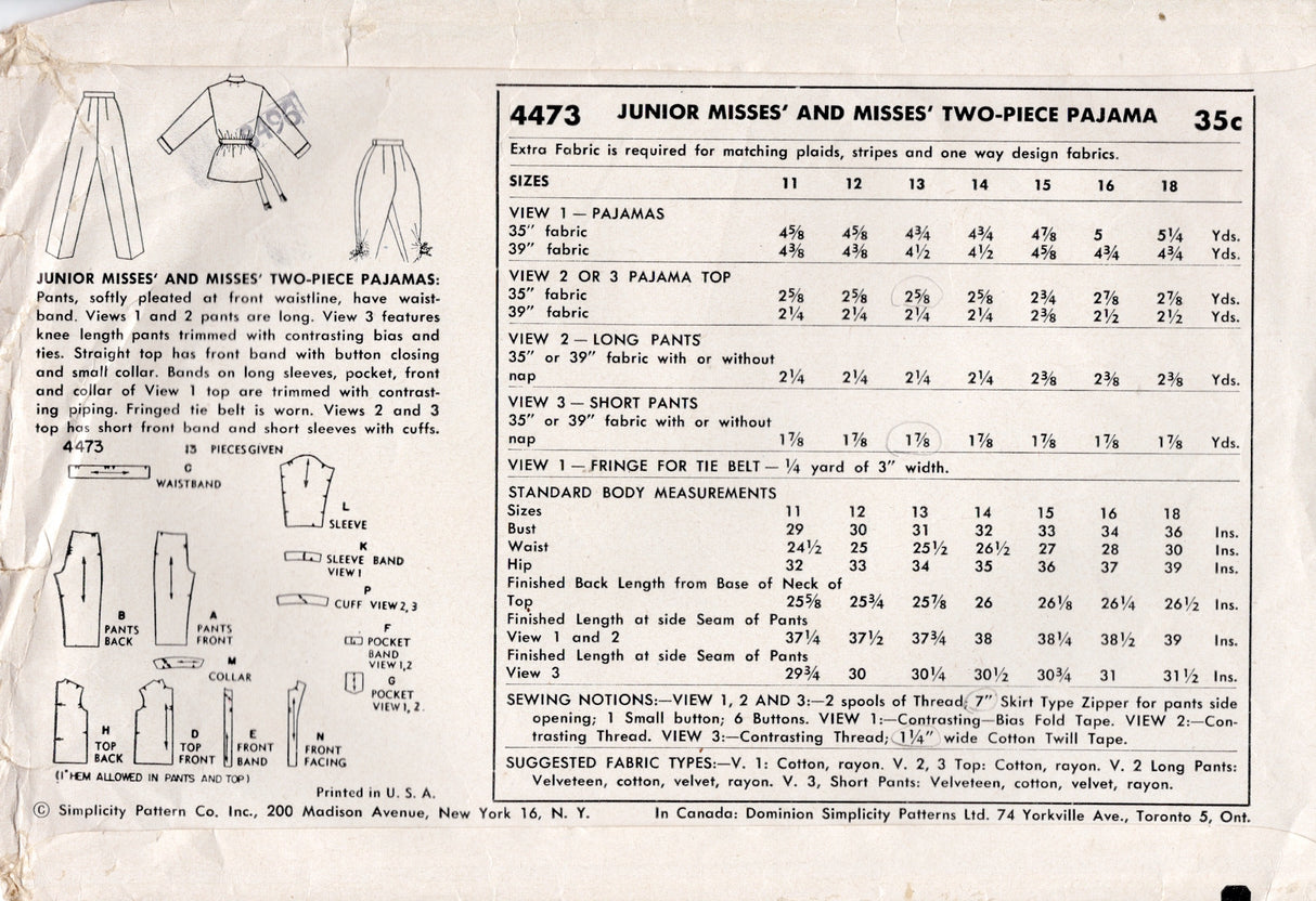 1950's Simplicity Two Piece Pajamas Pattern in Three Styles - Bust 33" - No. 4473