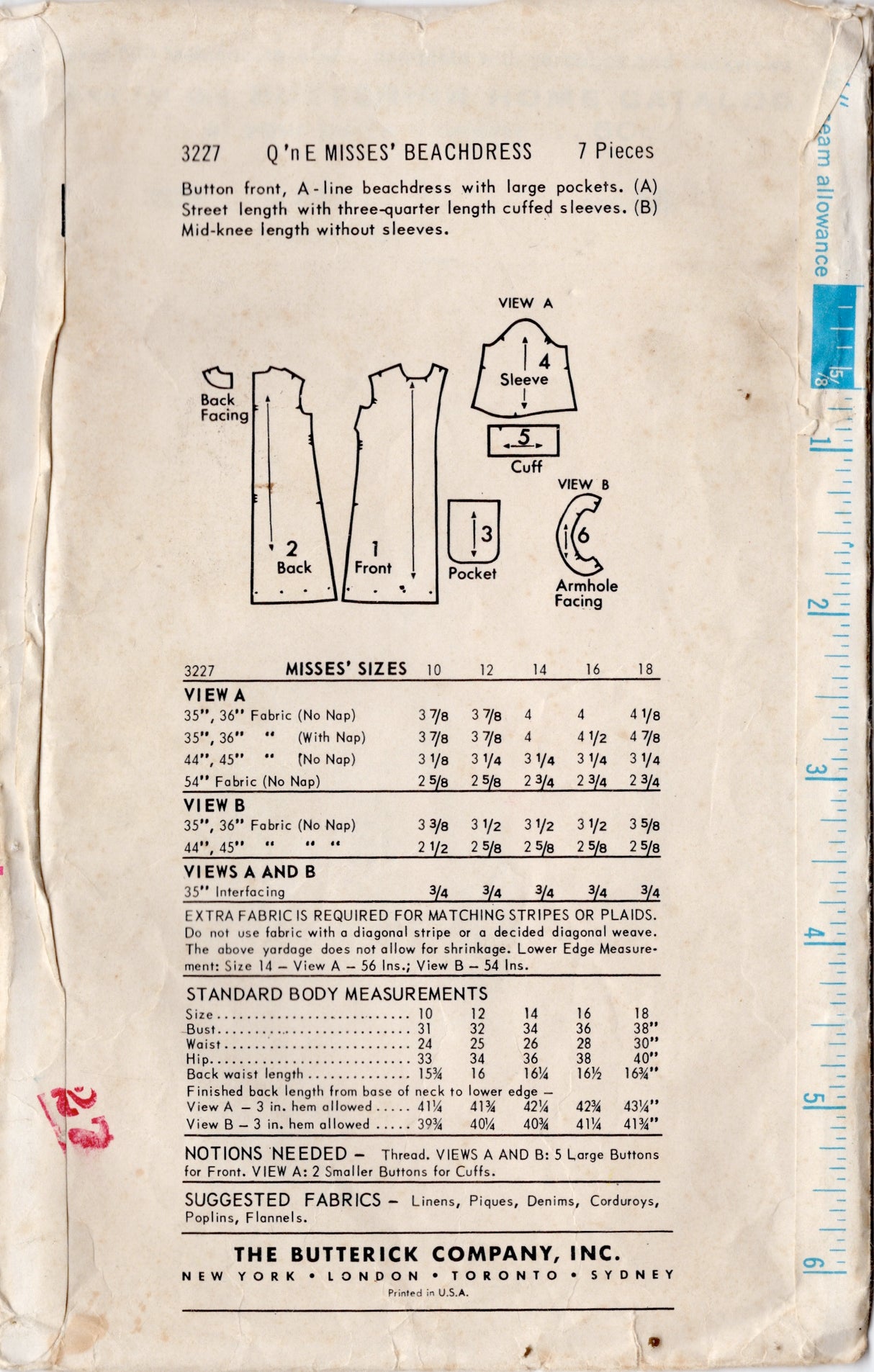 1960's Butterick Quick N Easy Beach Dress Pattern - Bust 36" - No. 3227