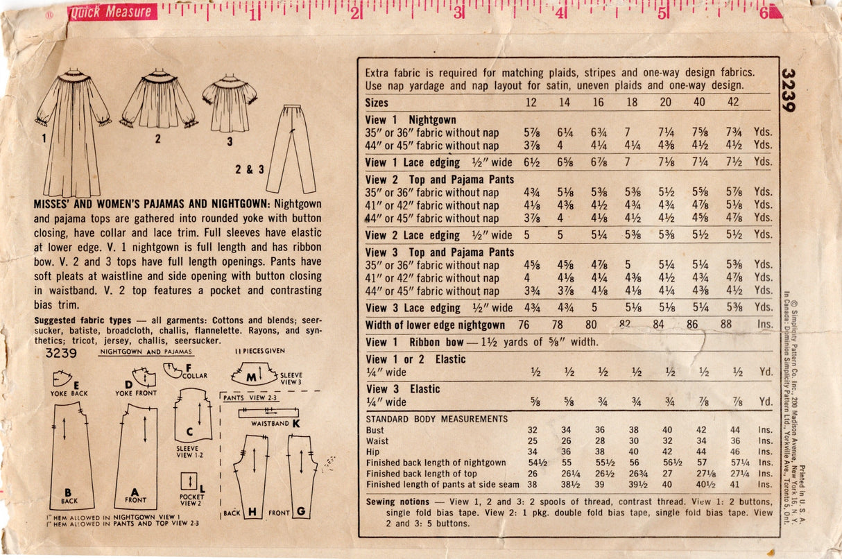 1950's Simplicity Two Piece Pajama Set with Large Yoke and Robe pattern - Bust 32" -No. 3239