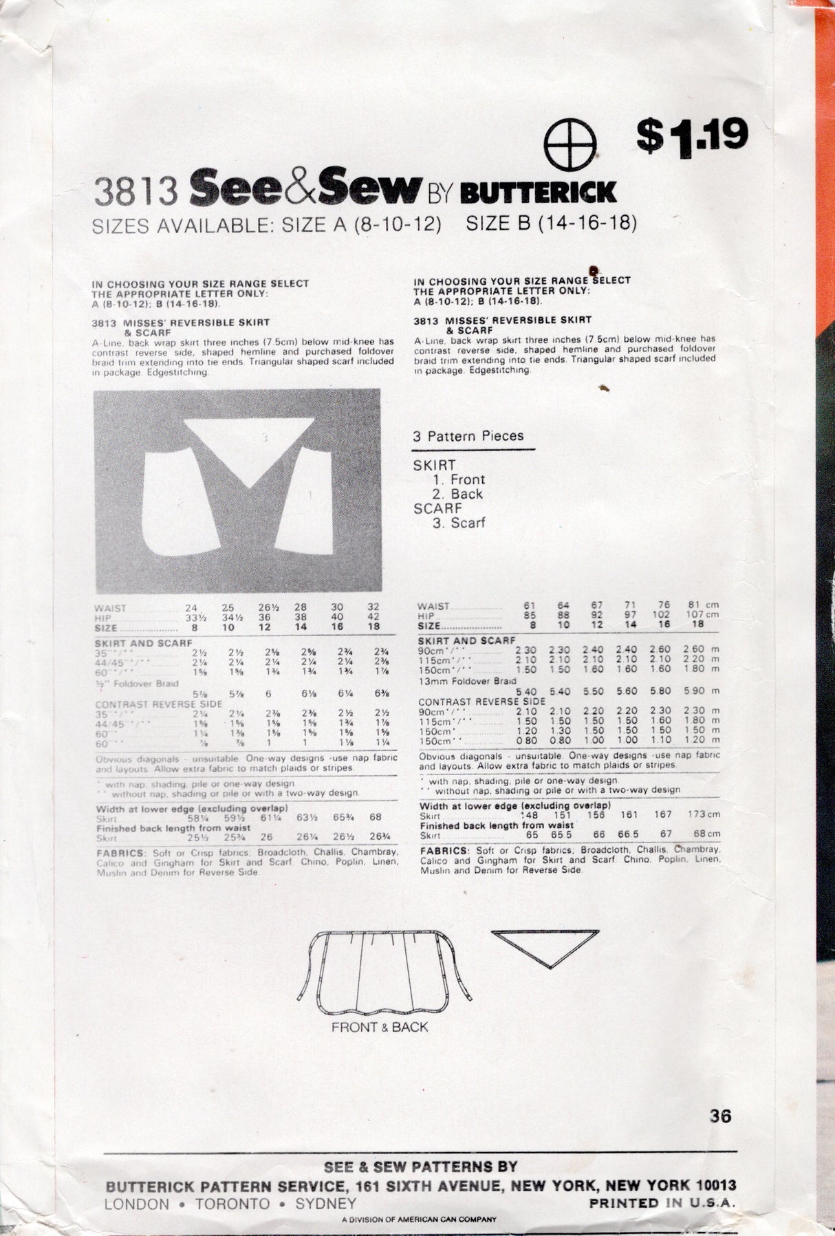 1980's Butterick Wrap Skirt and Scarf Pattern - Waist 28-32" - No. 3813