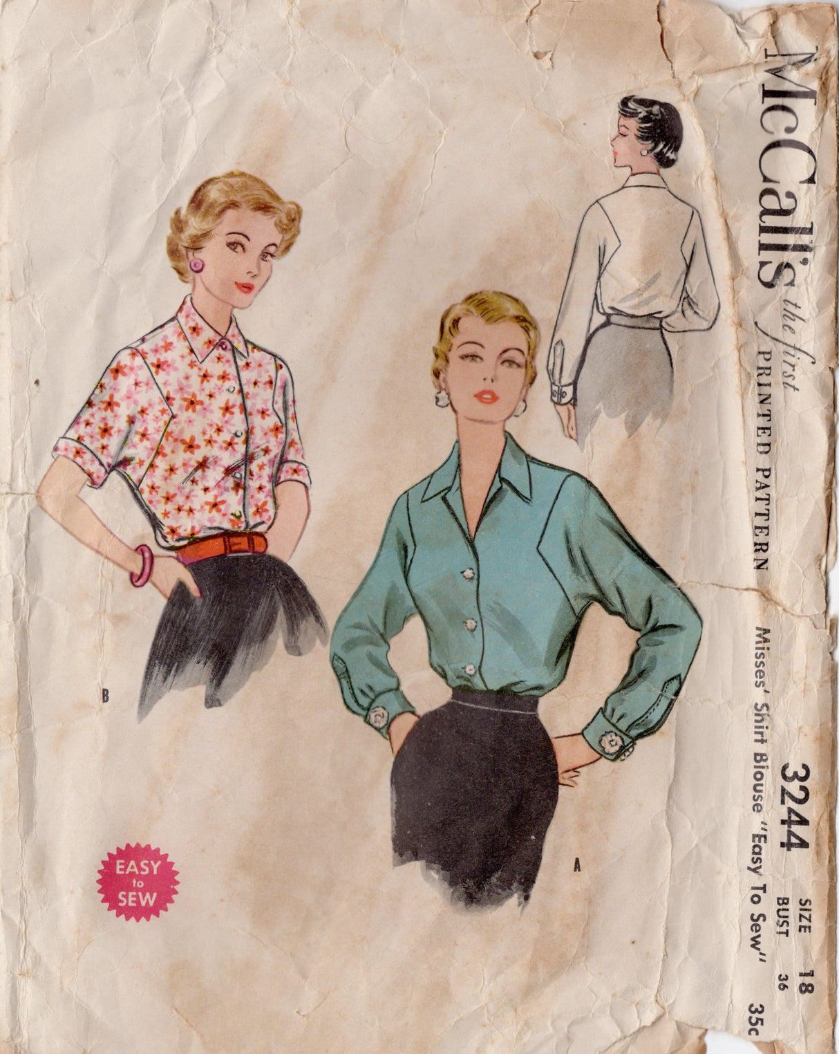1950's McCall's Button Up Blouse Pattern - Bust 36" - No. 3244
