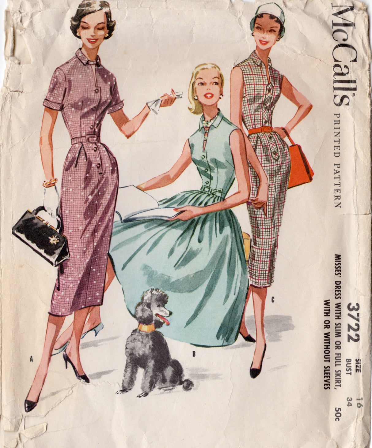 1950's McCall's Shirtwaist Dress with Slim or Full Skirt - Bust 34" - No. 3722