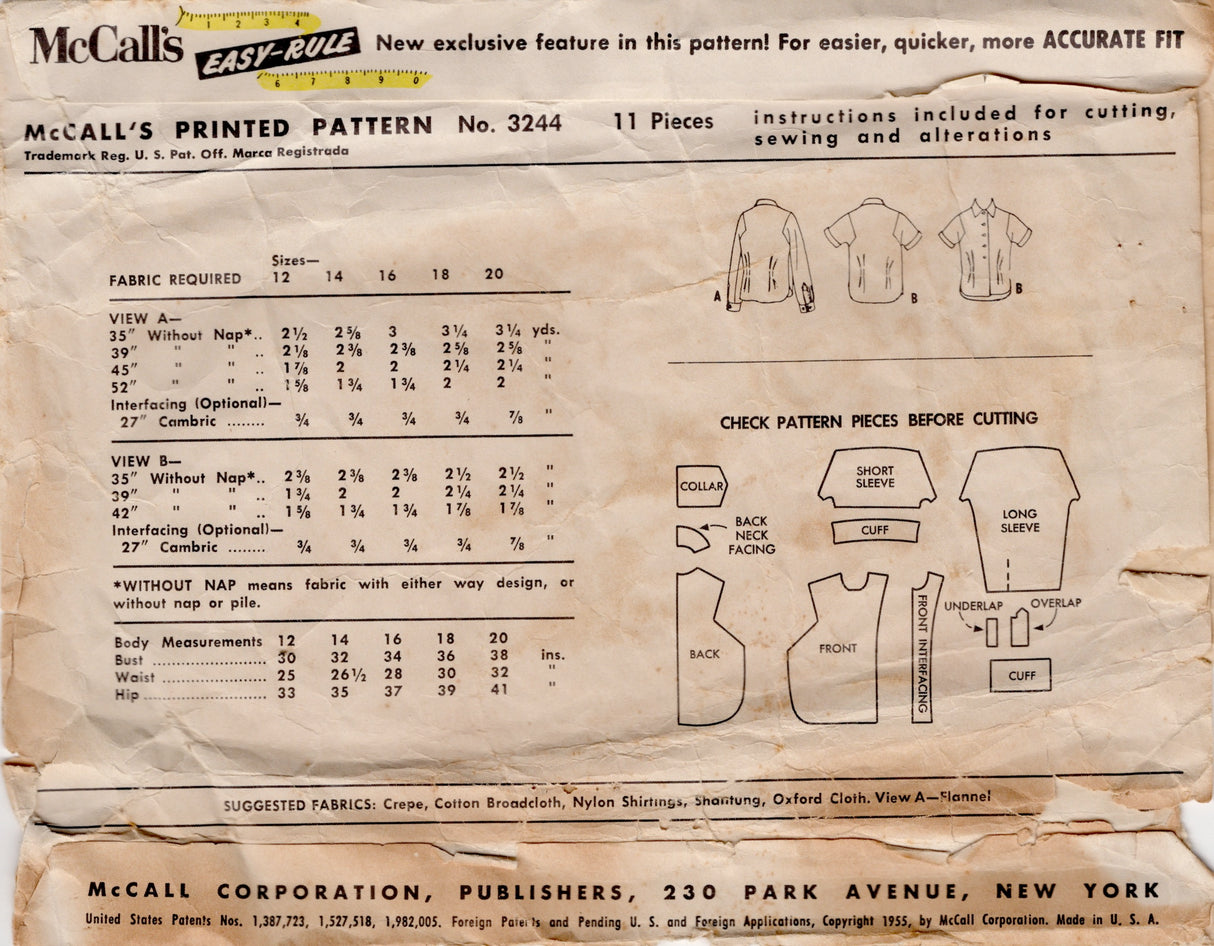1950's McCall's Button Up Blouse Pattern - Bust 36" - No. 3244