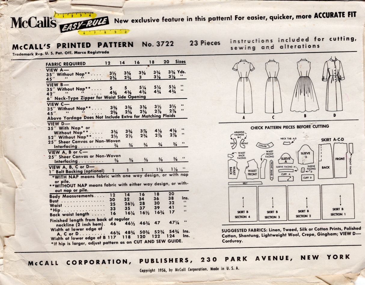 1950's McCall's Shirtwaist Dress with Slim or Full Skirt - Bust 34" - No. 3722