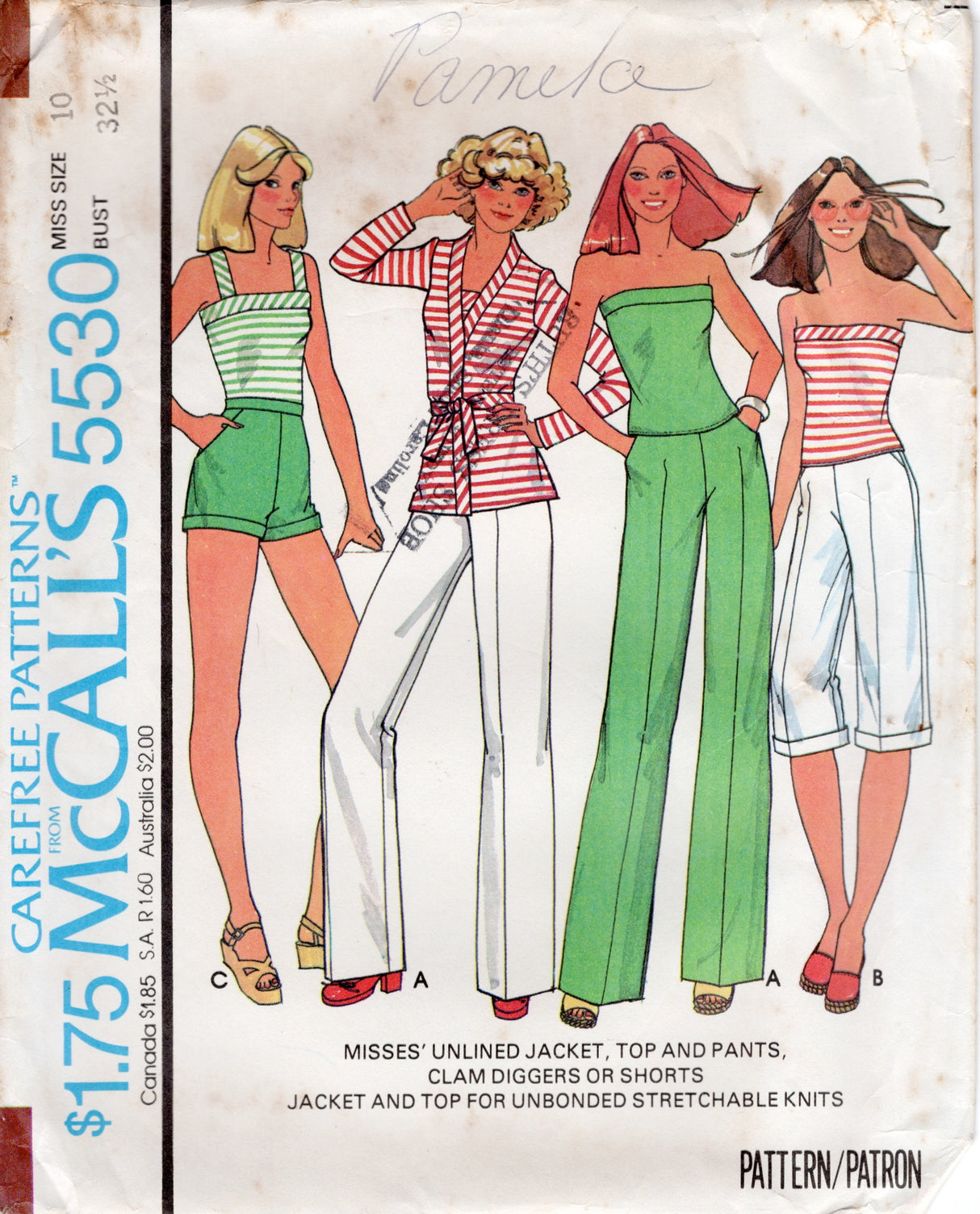 1970’s McCall's Unlined Jacket, Top and Pants, Clam Diggers or Shorts – Bust 32.5” - No. 5530