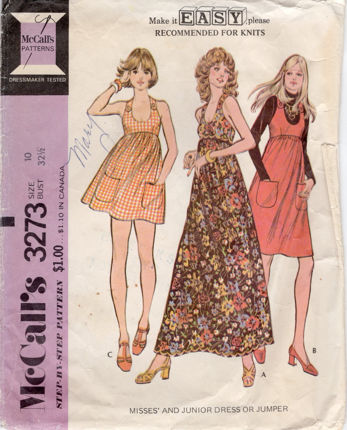 1970's McCall's Empire Waist Dress or Jumper Pattern- Bust 32.5" - No.3273