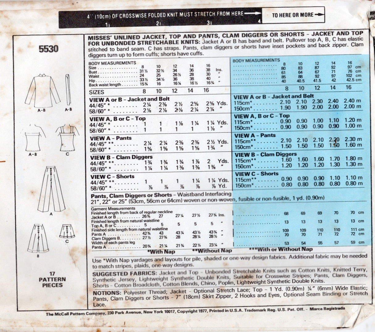 1970’s McCall's Unlined Jacket, Top and Pants, Clam Diggers or Shorts – Bust 32.5” - No. 5530