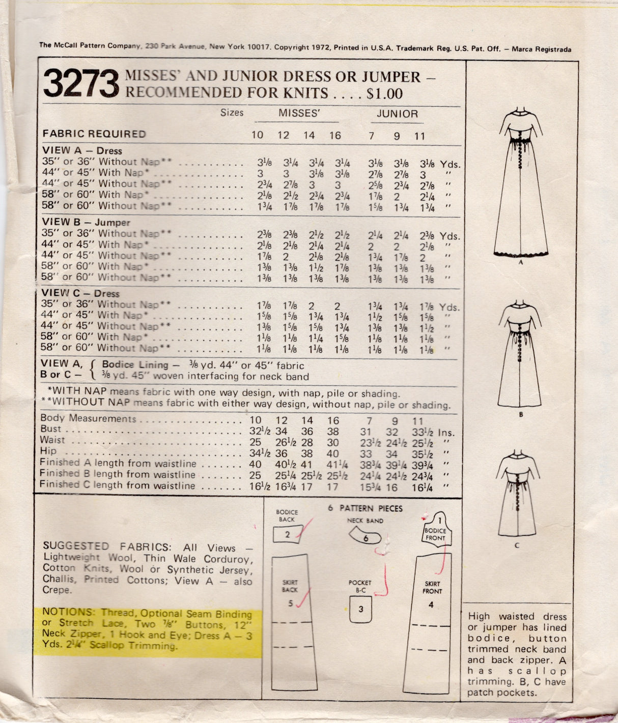1970's McCall's Empire Waist Dress or Jumper Pattern- Bust 32.5" - No.3273