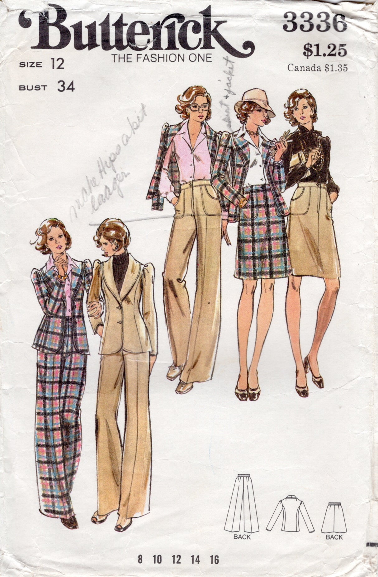 1970's Butterick Jacket, Skirt, and Pants- Bust 34" - No. 3336