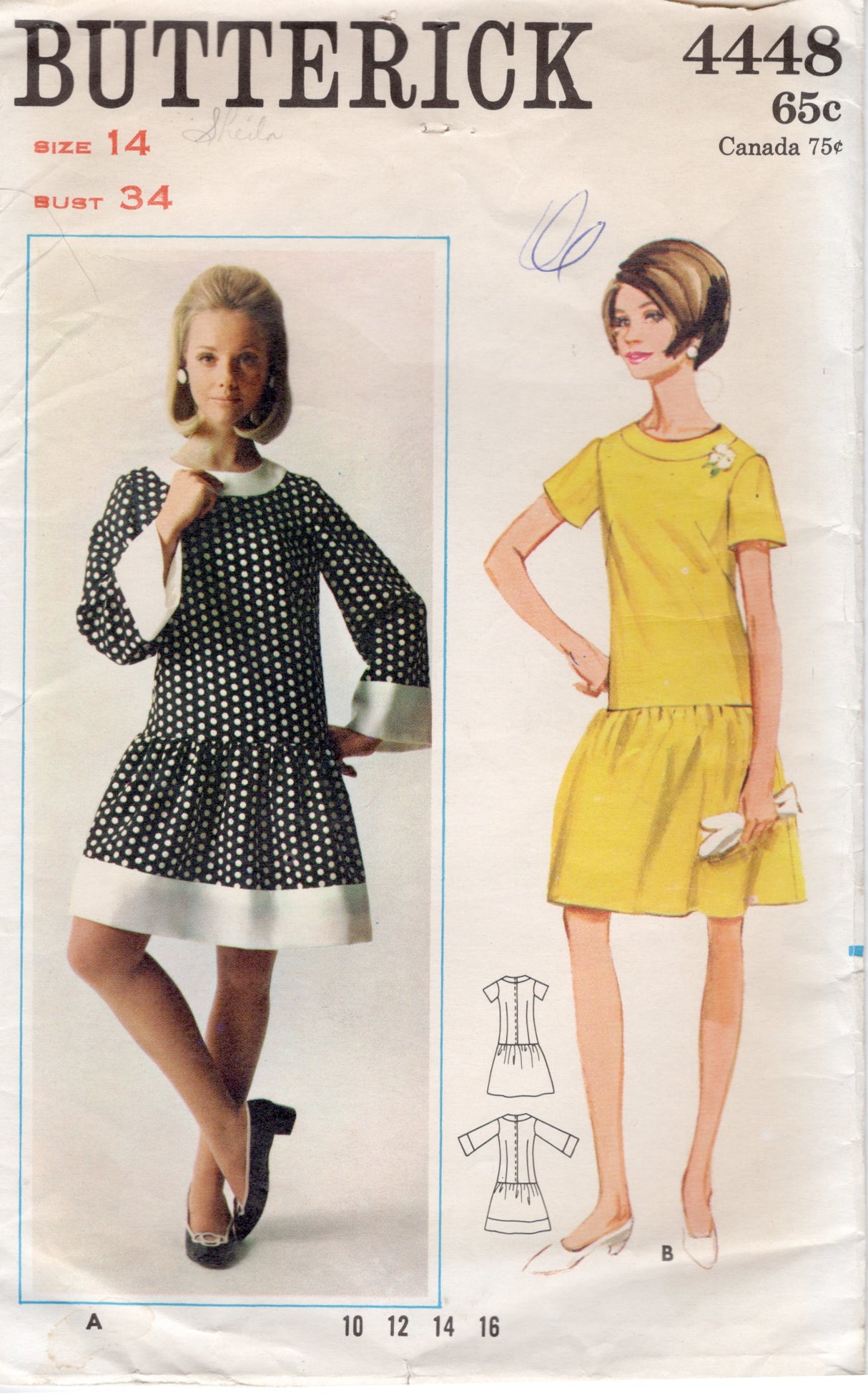 1960's Butterick One-Piece Dress with short or long sleeves - Bust 34" - No. 4448