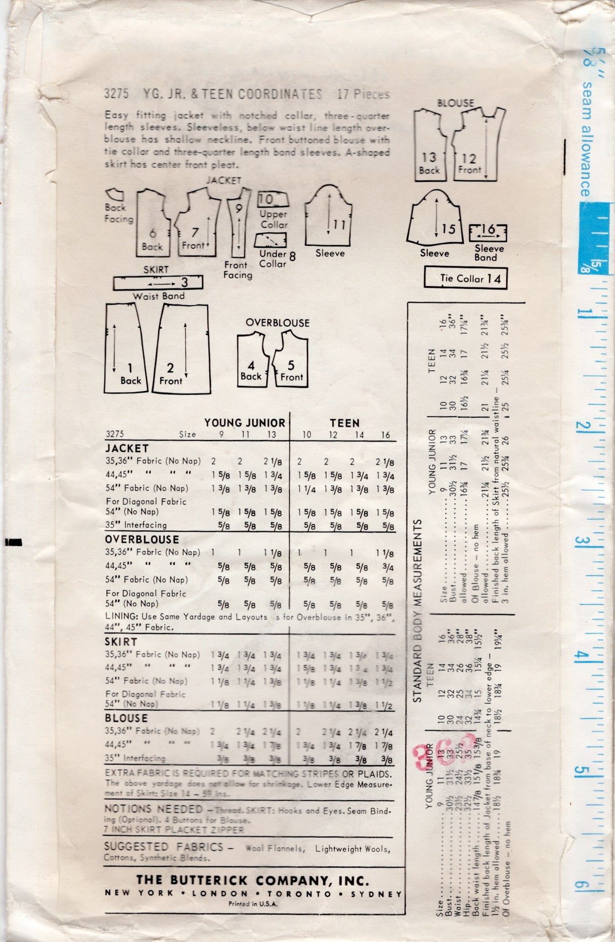 1960's Butterick Coordinates with skirt, blouse, overblouse and Jacket - Bust 34" - No. 3275