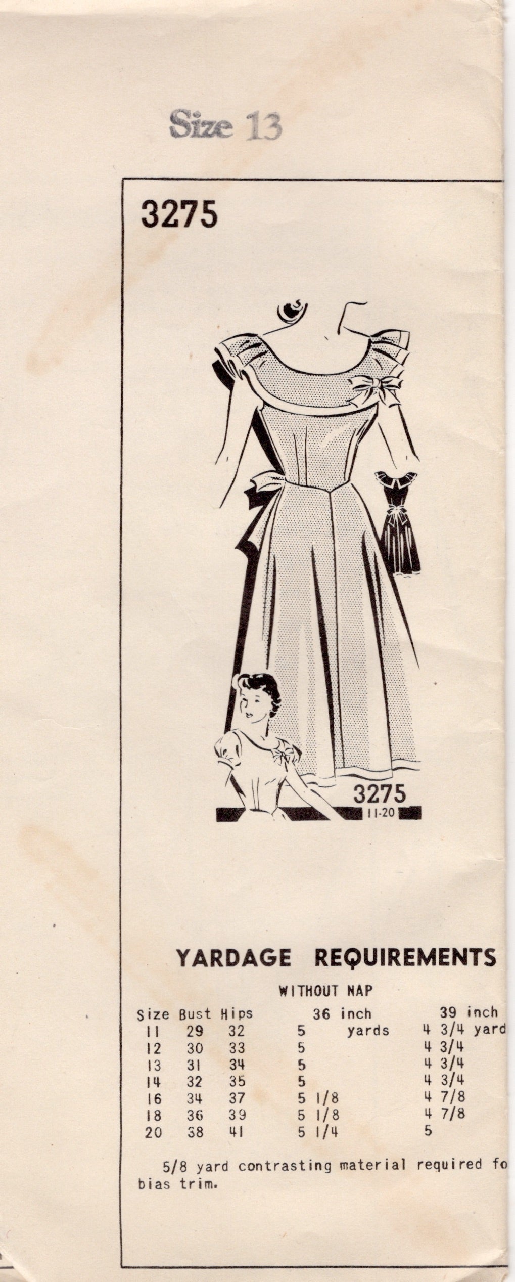 1950's Mail Order Scoop Neckline Dress with Large Double Collar and optional Puff Sleeve- Bust 31" - No. 3275