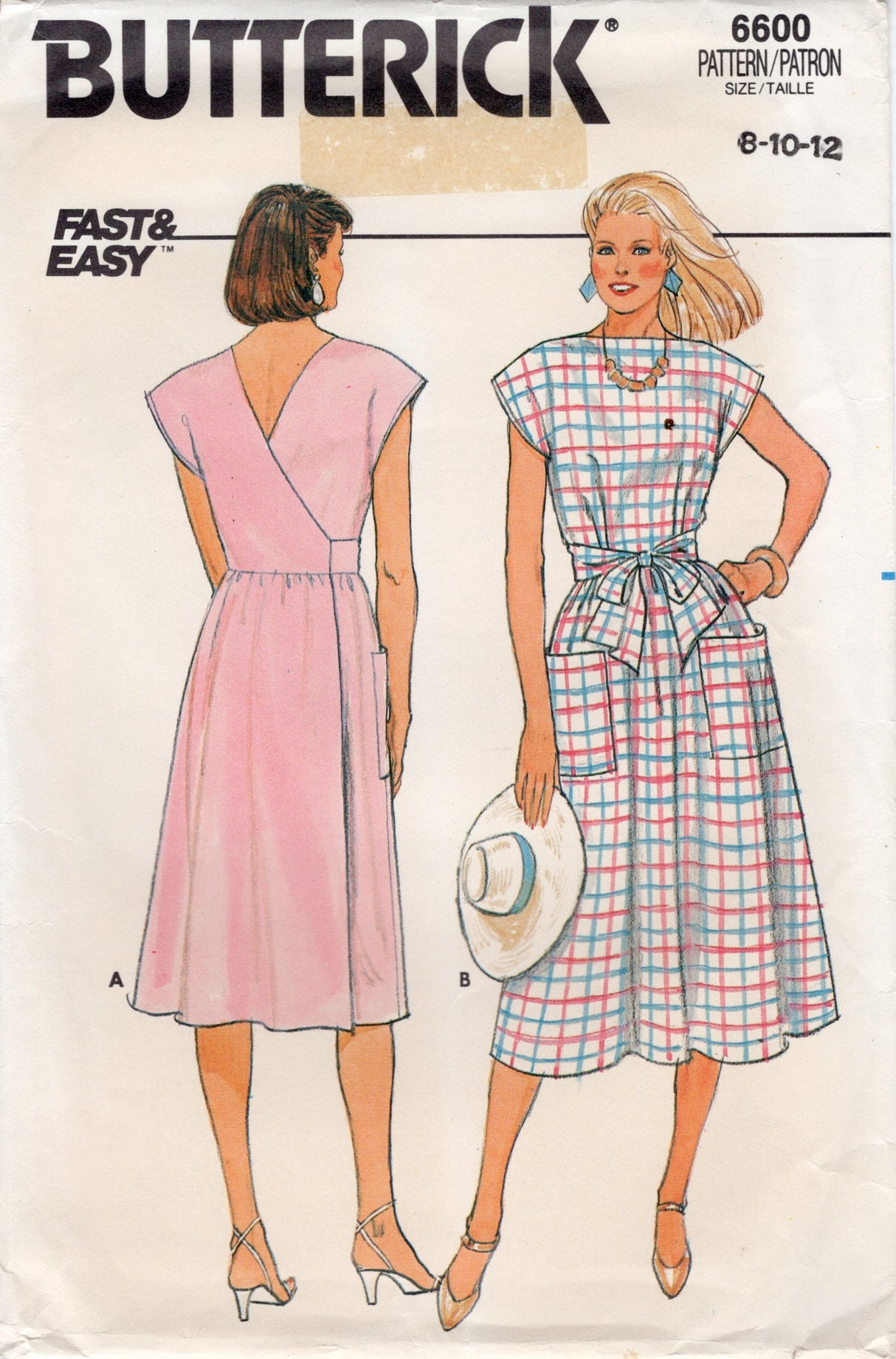 1980's Butterick Back Wrap Dress Pattern with Patch Pockets - Bust 31.5-34" - No. 6600
