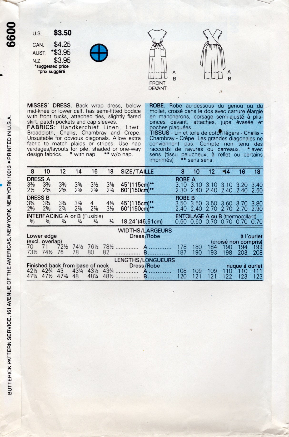 1980's Butterick Back Wrap Dress Pattern with Patch Pockets - Bust 31.5-34" - No. 6600