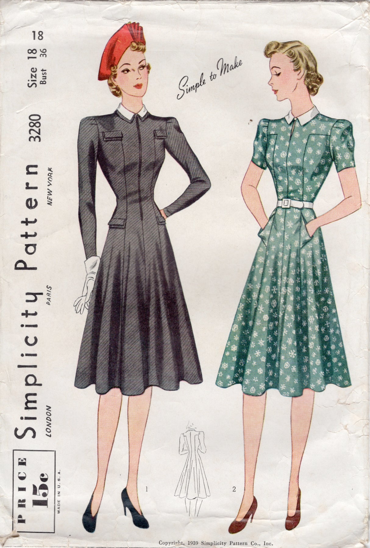 1940's Simplicity Princess Line Dress Pattern with Accent Flaps and Pockets - Bust 36" - No. 3280